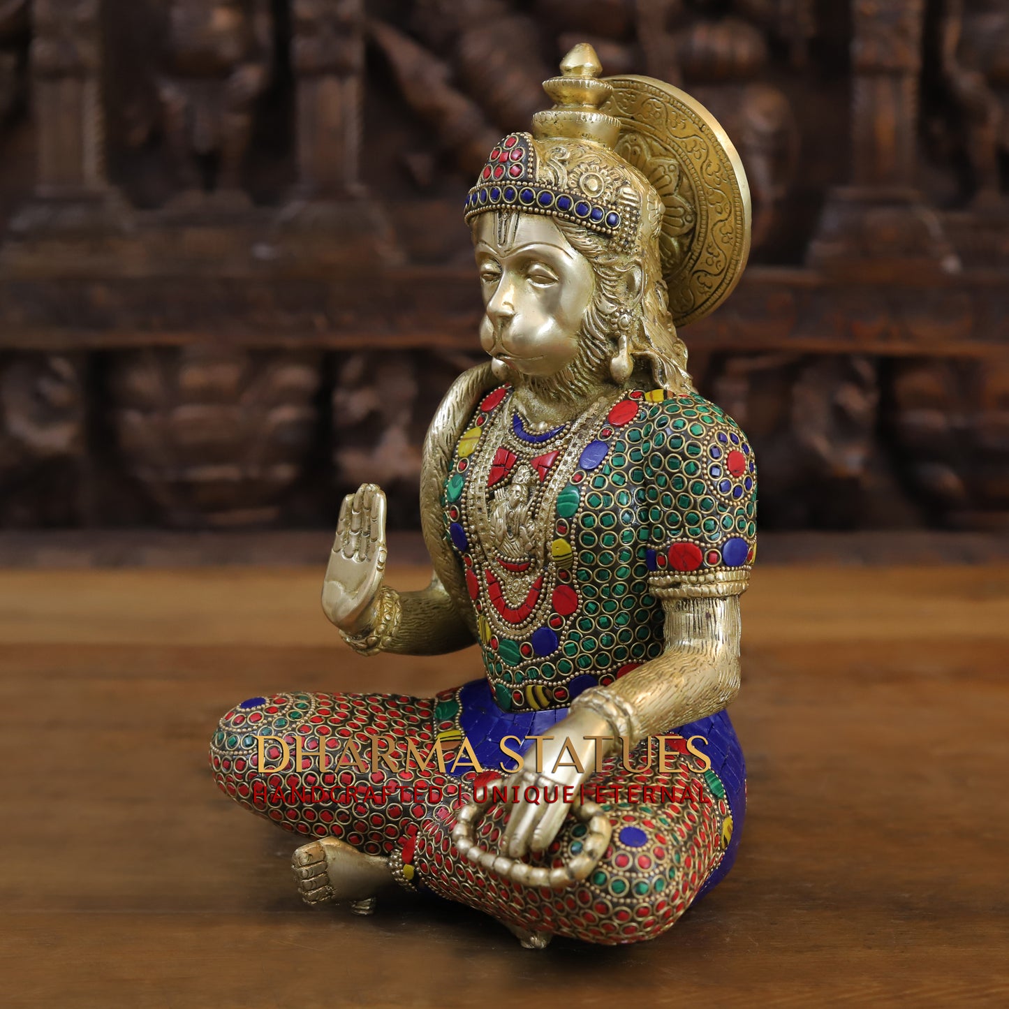 Brass Hanuman Ji seated, Blessing Position, Golden & Stonework, 11.5"