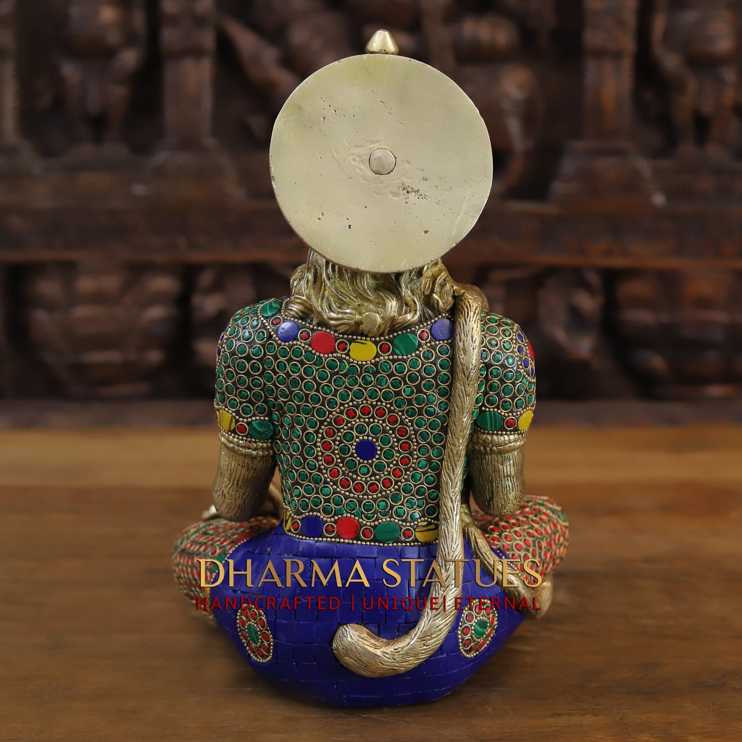 Brass Hanuman Ji seated, Blessing Position, Golden & Stonework, 11.5"