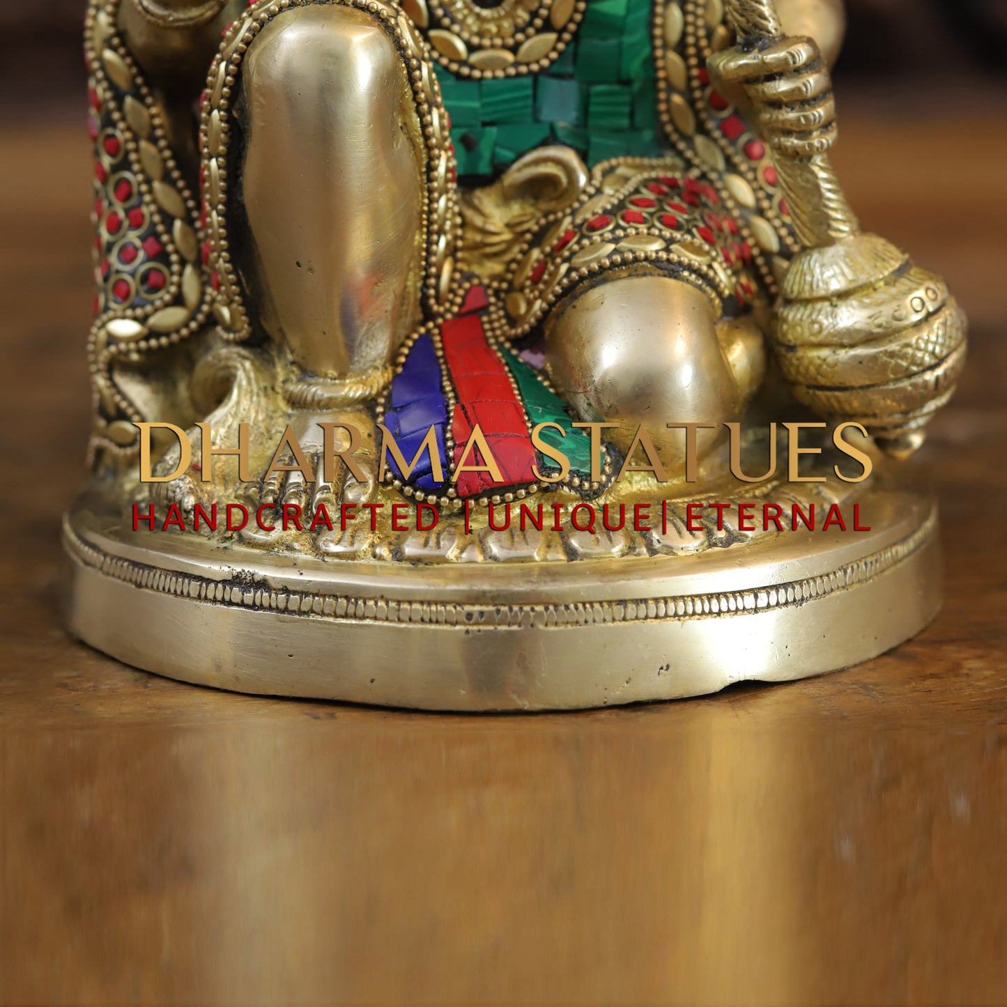 Brass Hanuman Ji seated in Blessing Posture, Golden & Stonework, 9.5"
