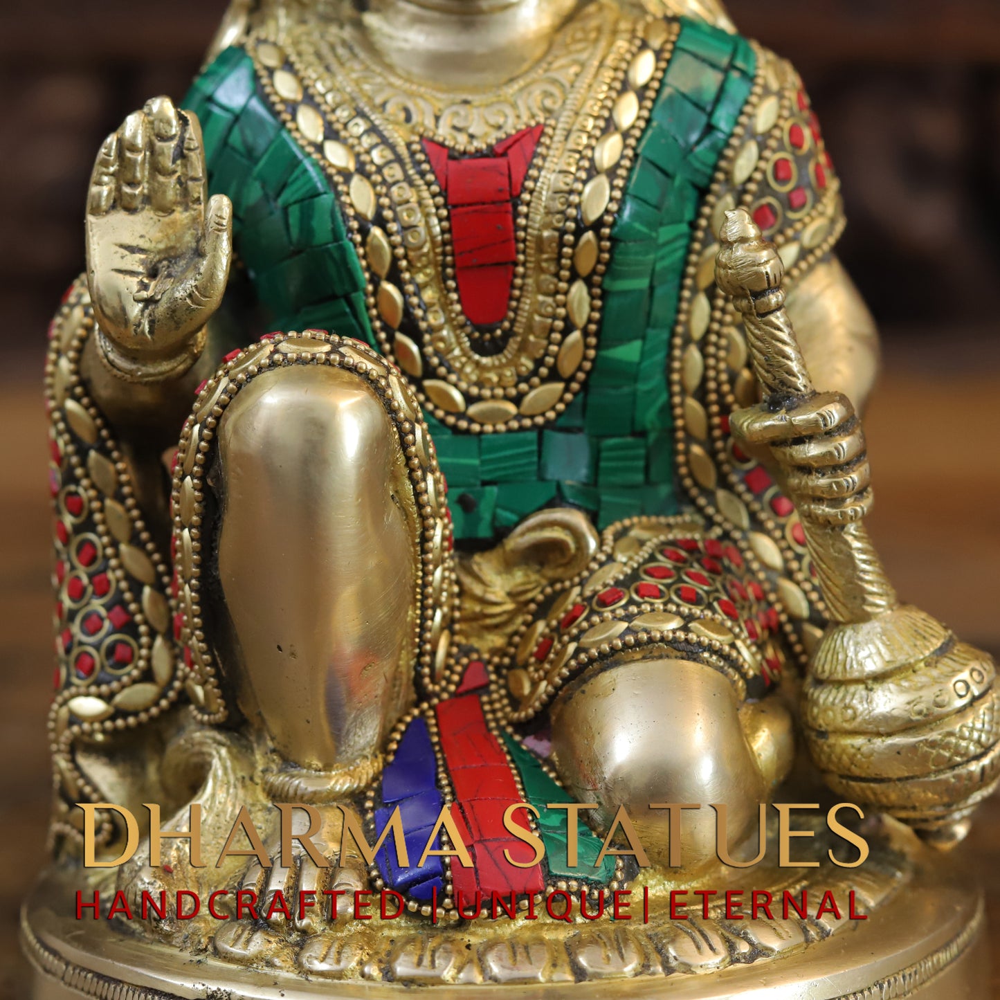 Brass Hanuman Ji seated in Blessing Posture, Golden & Stonework, 9.5"