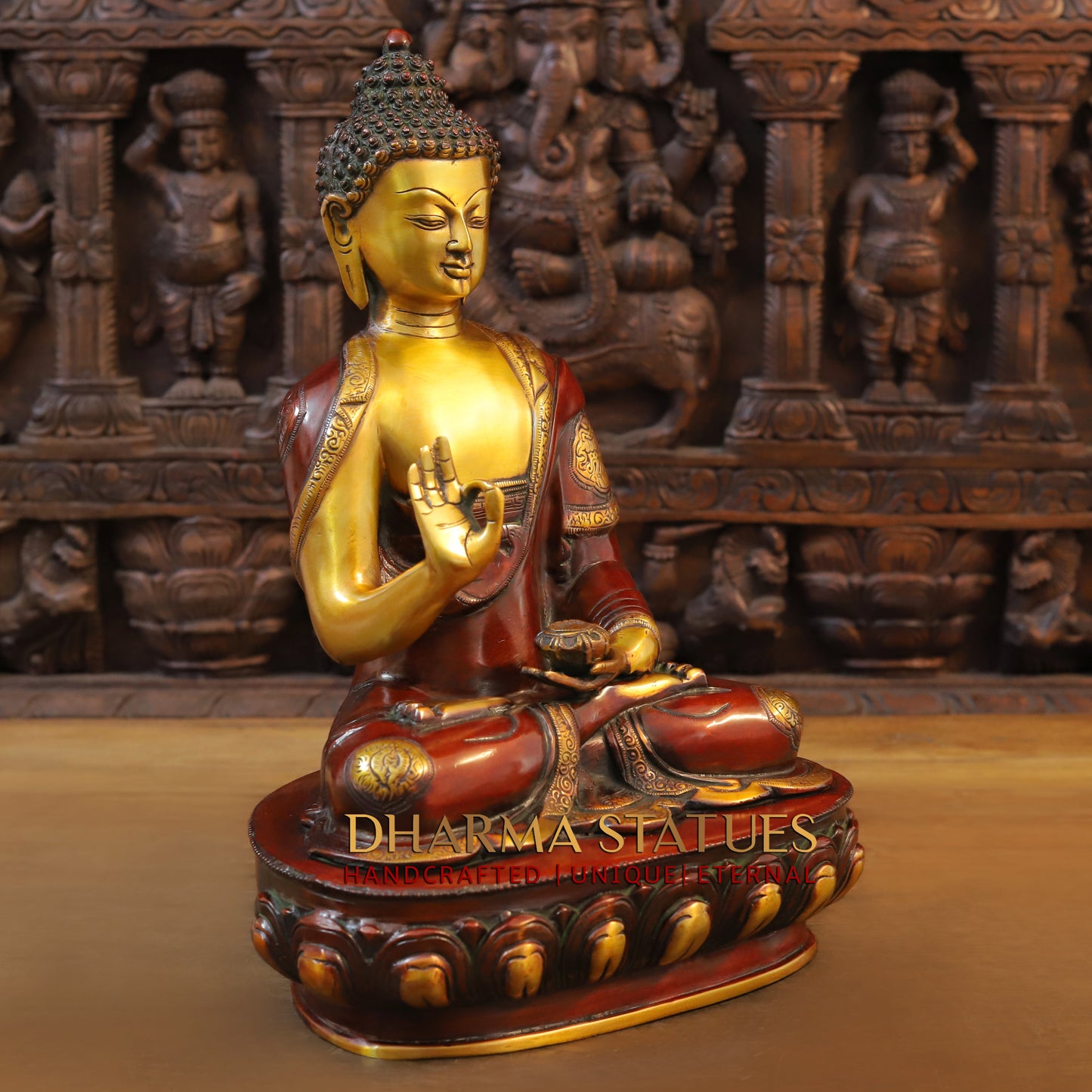 Brass Buddha seated in Blessing Posture, Cherry & Golden Finish, 17"