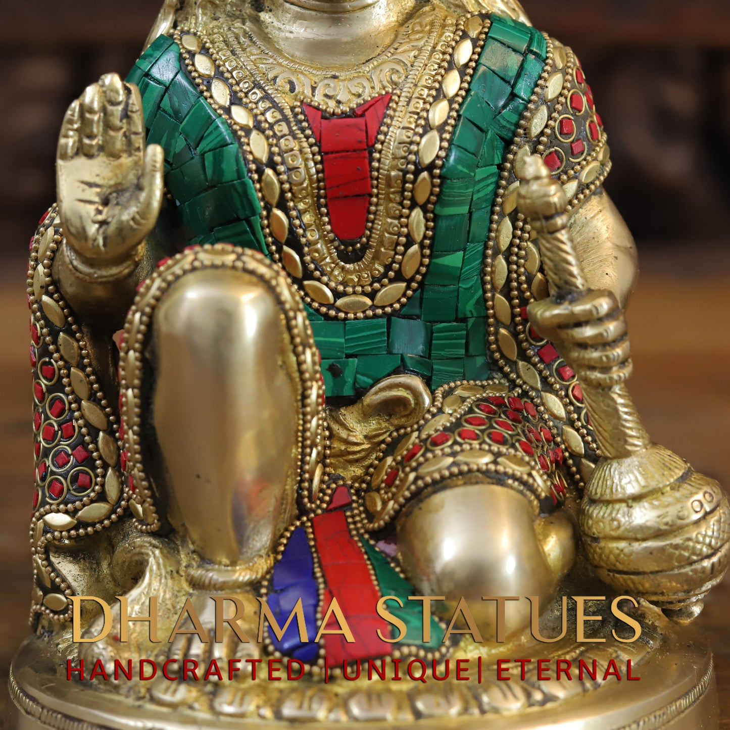 Brass Hanuman Ji seated in Blessing Posture, Golden & Stonework, 9.5"