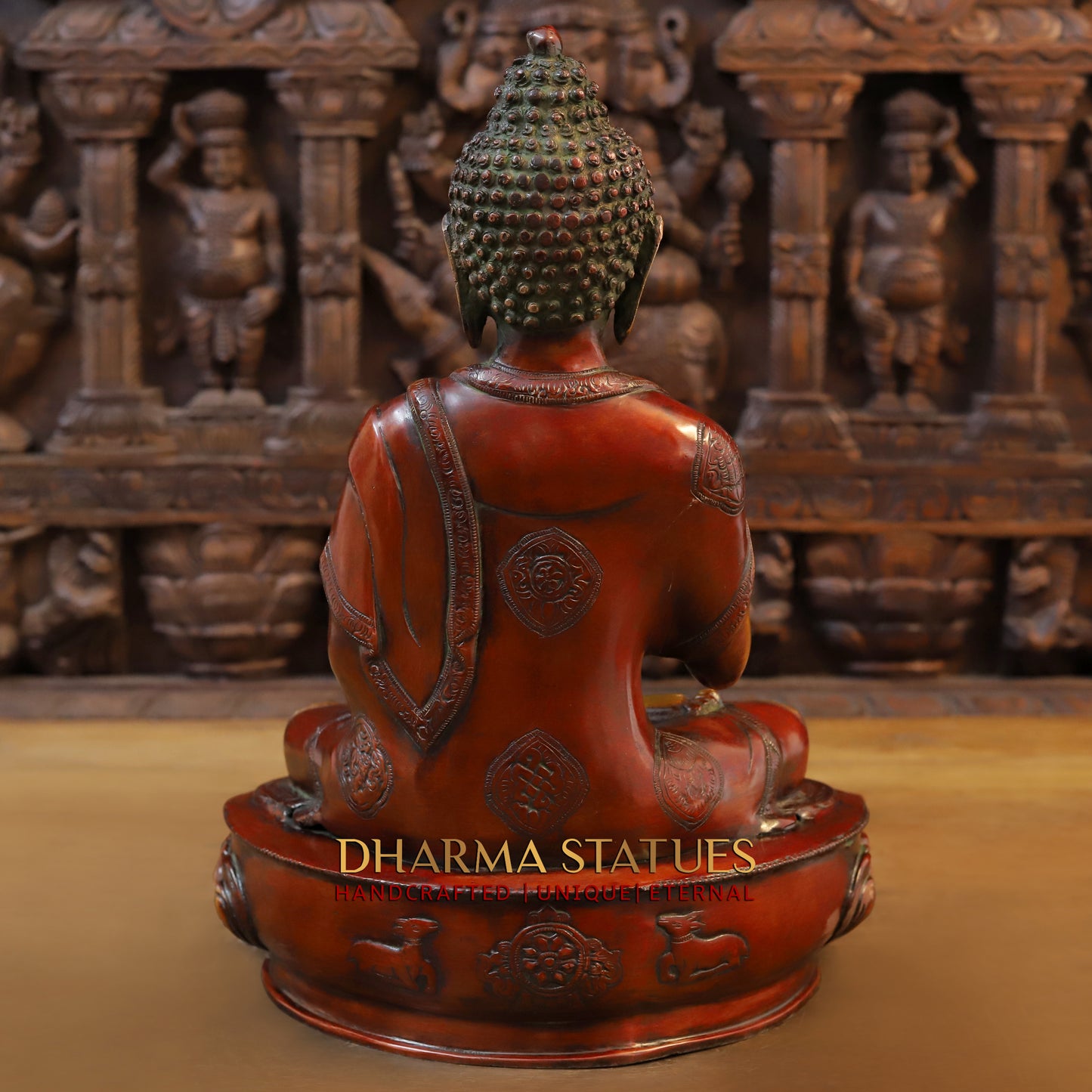 Brass Buddha seated in Blessing Posture, Cherry & Golden Finish, 17"