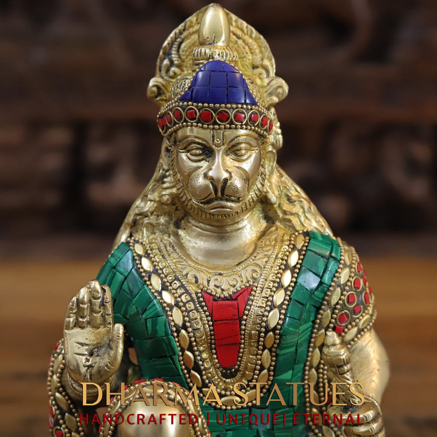 Brass Hanuman Ji seated in Blessing Posture, Golden & Stonework, 9.5"