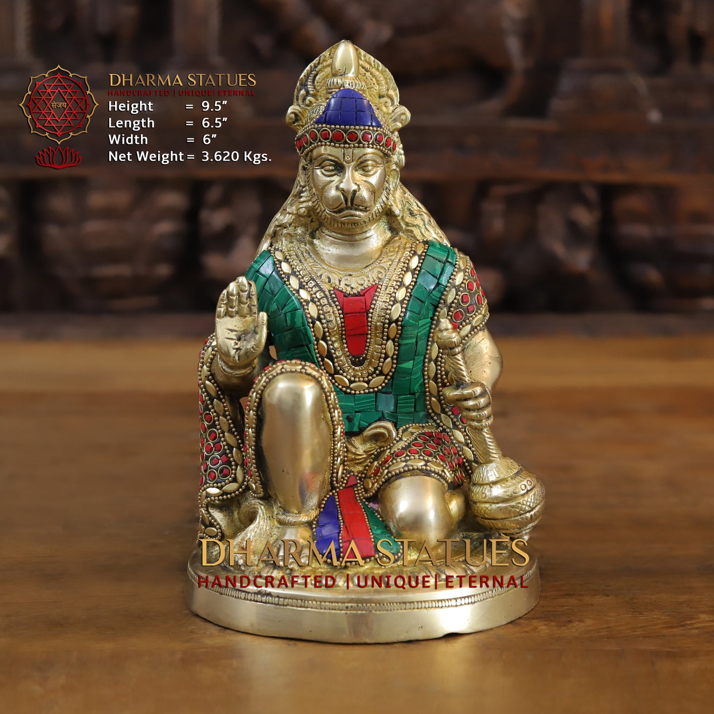 Brass Hanuman Ji seated in Blessing Posture, Golden & Stonework, 9.5"