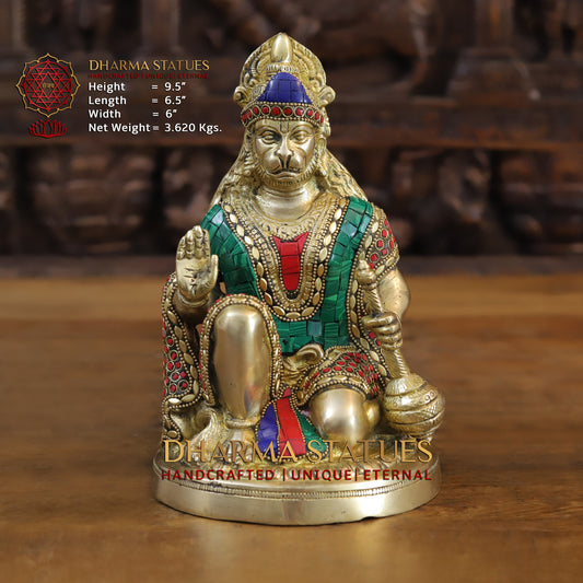 Brass Hanuman Ji seated in Blessing Posture, Golden & Stonework, 9.5"