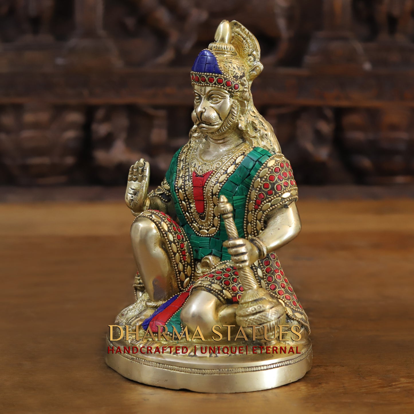 Brass Hanuman Ji seated in Blessing Posture, Golden & Stonework, 9.5"