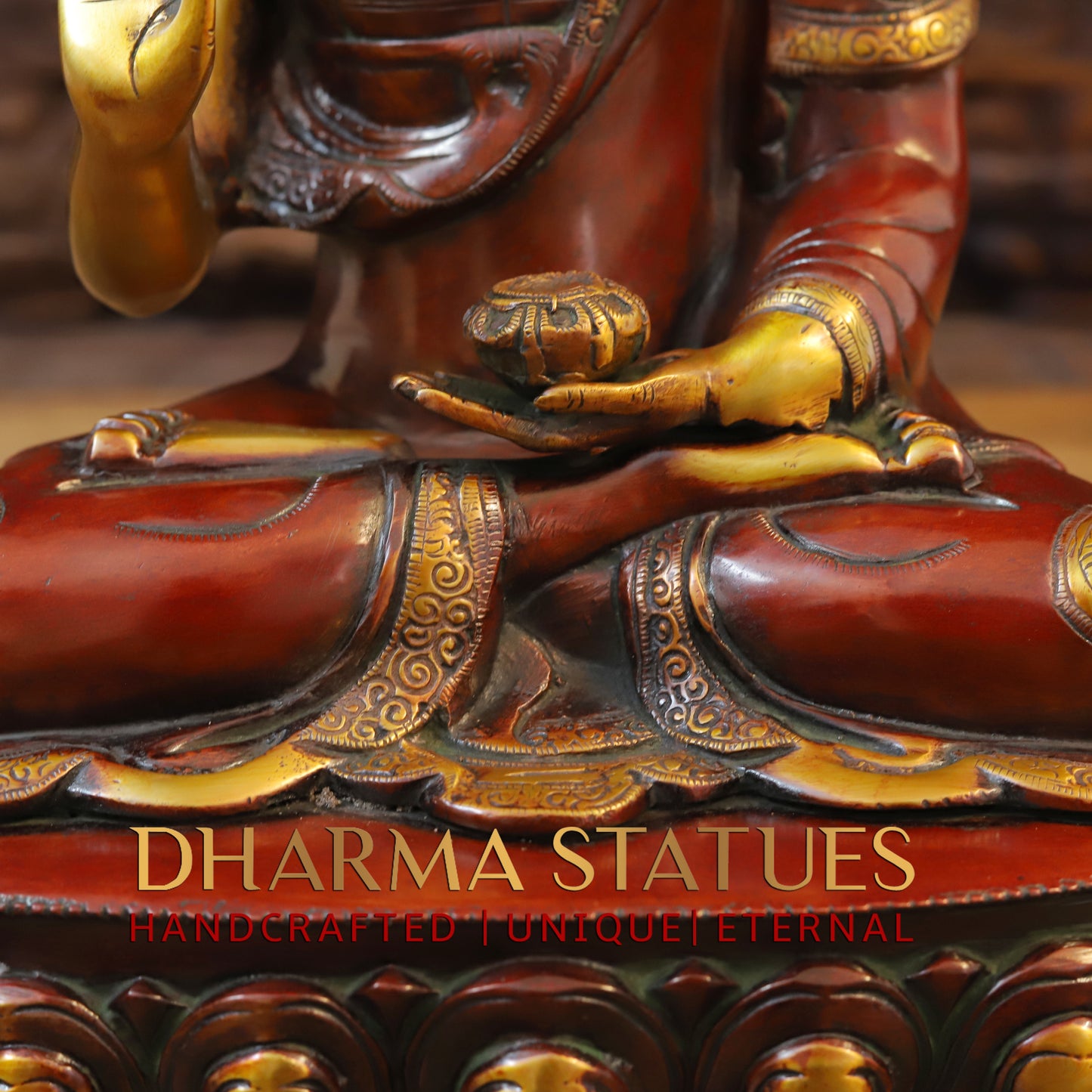 Brass Buddha seated in Blessing Posture, Cherry & Golden Finish, 17"