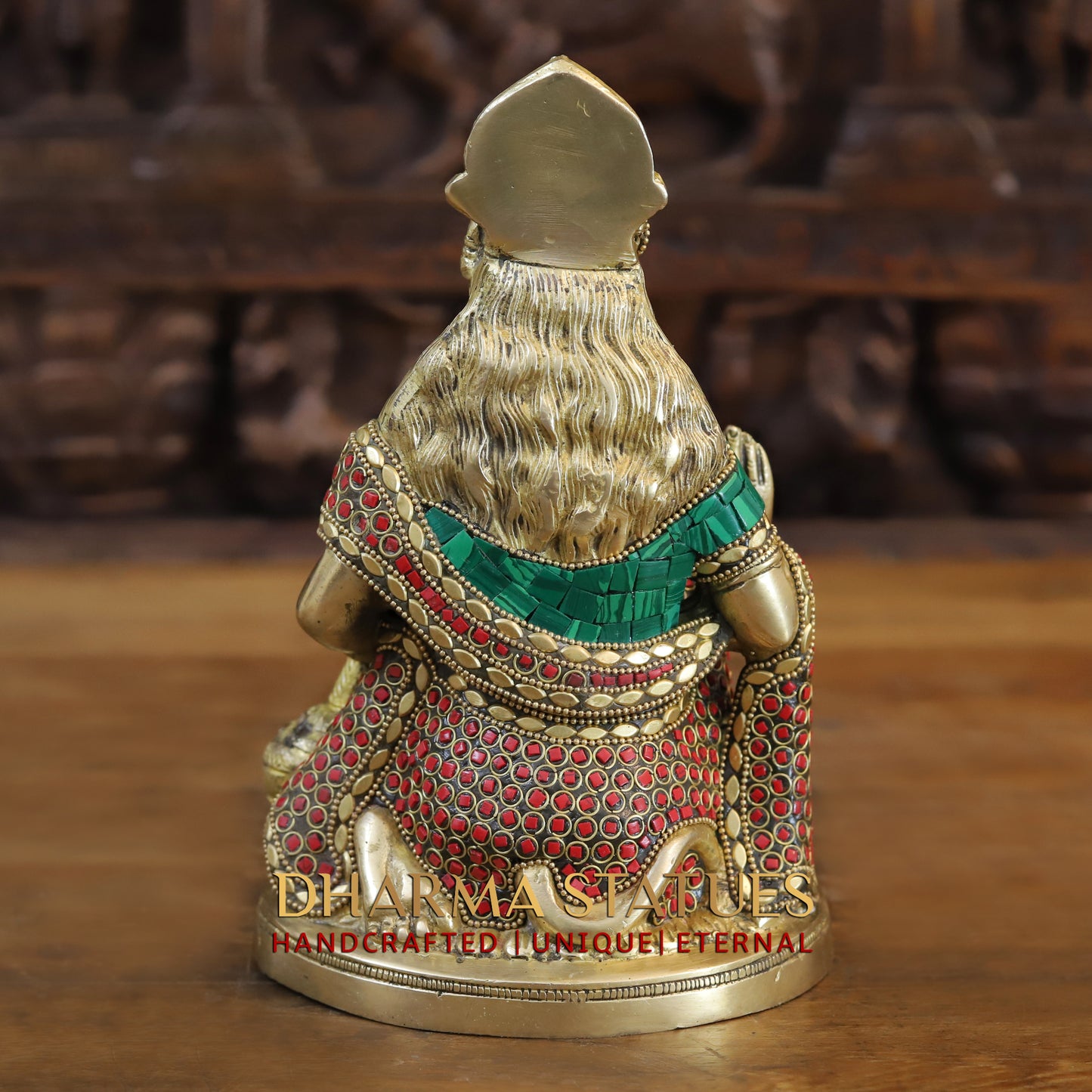 Brass Hanuman Ji seated in Blessing Posture, Golden & Stonework, 9.5"