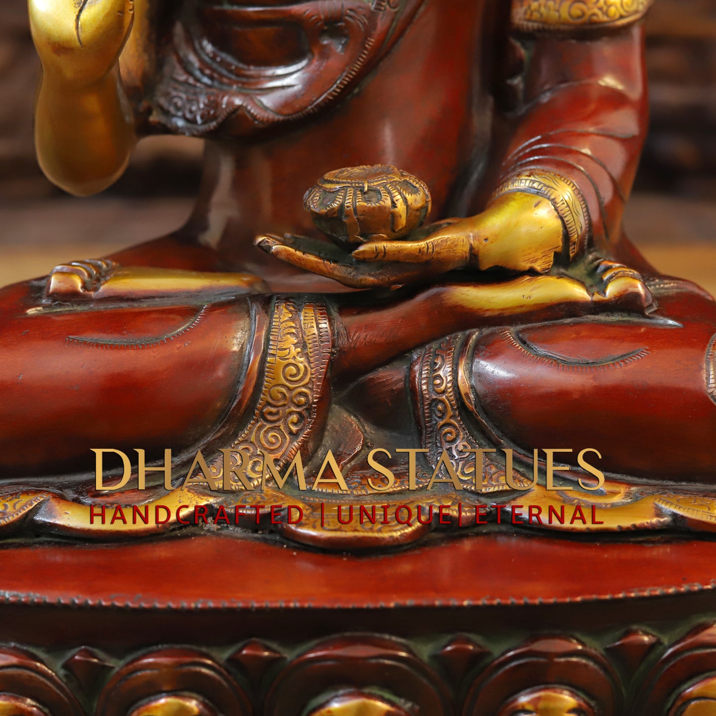 Brass Buddha seated in Blessing Posture, Cherry & Golden Finish, 17"