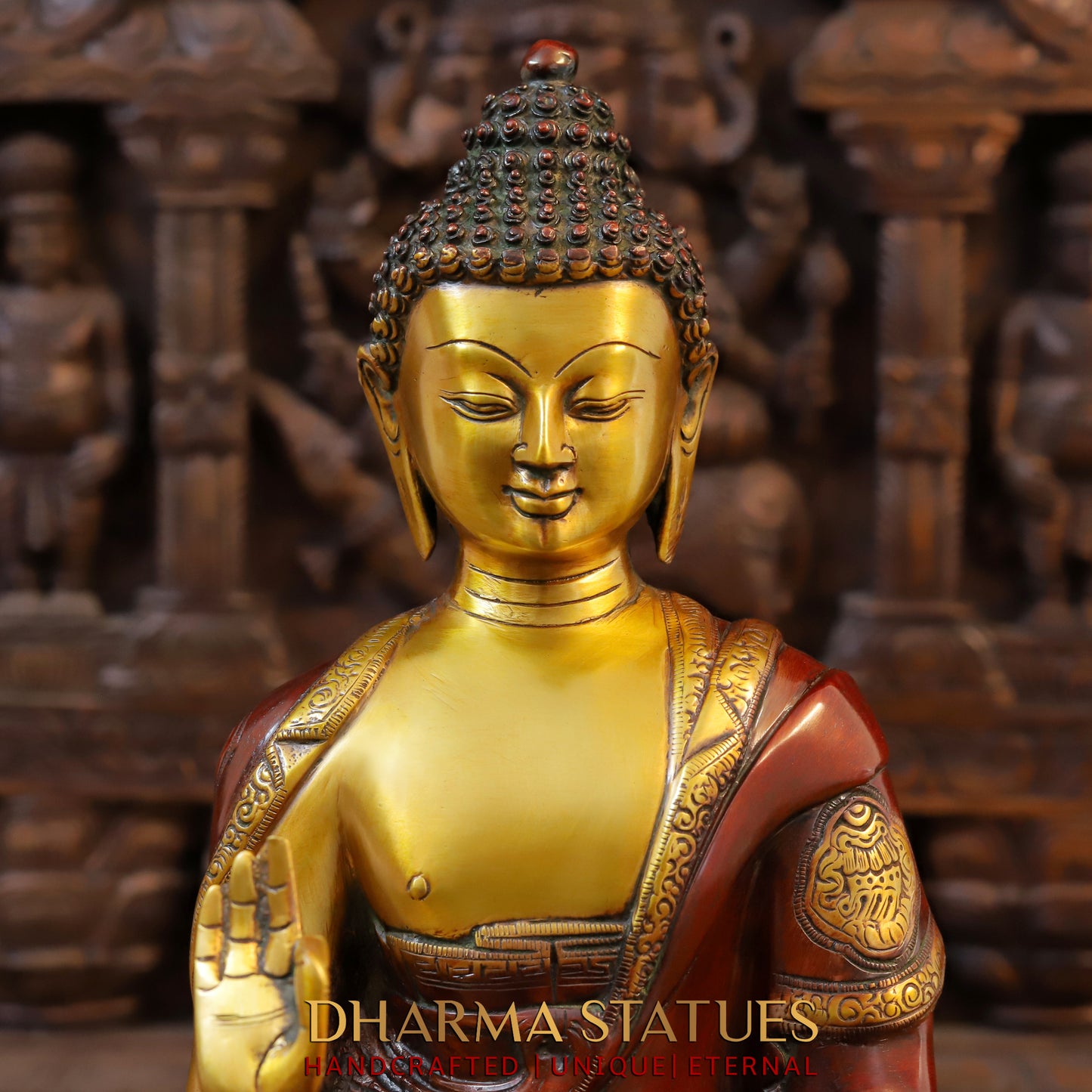 Brass Buddha seated in Blessing Posture, Cherry & Golden Finish, 17"