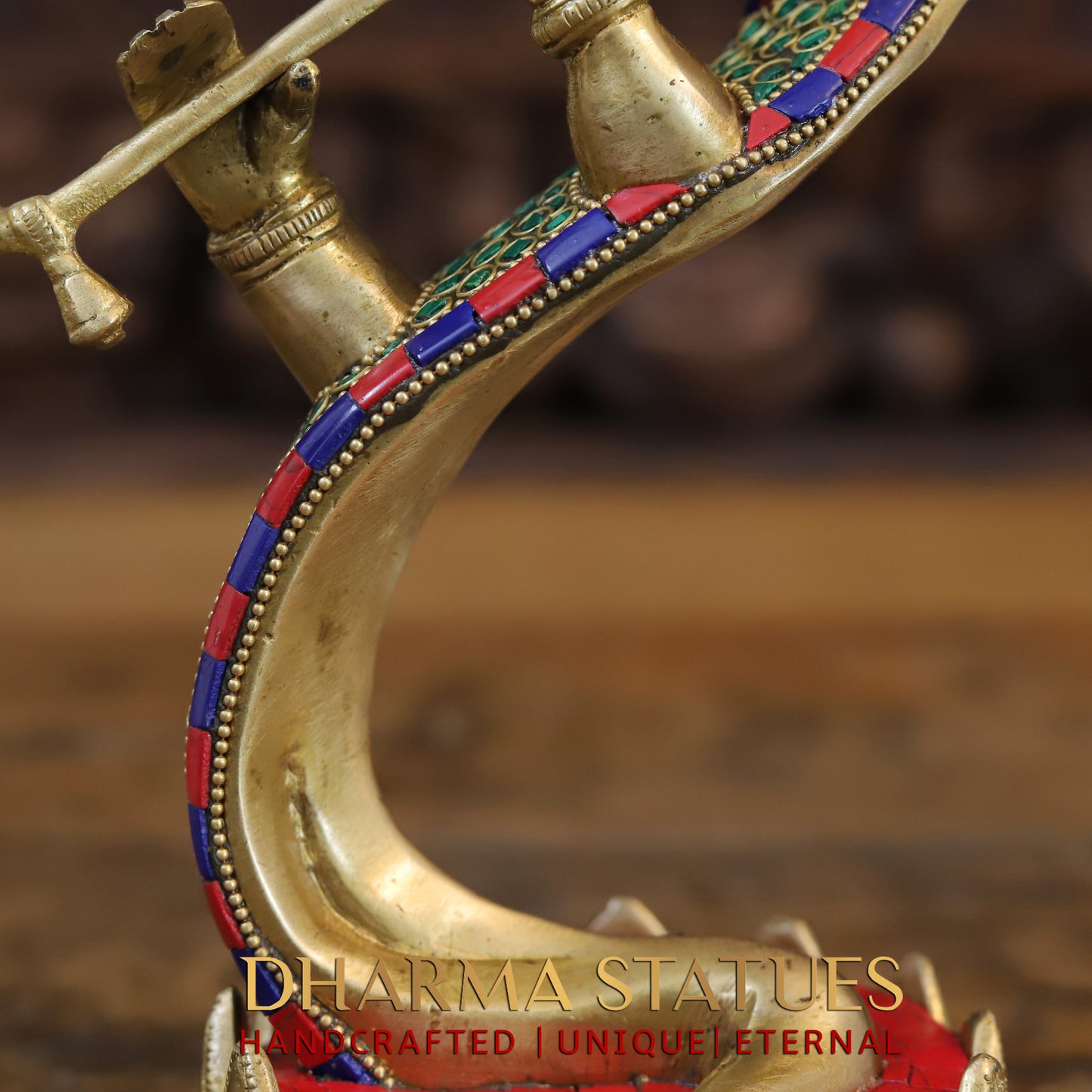 Brass Modern Krishna playing Flute, Golden & Stonework, 13.5"