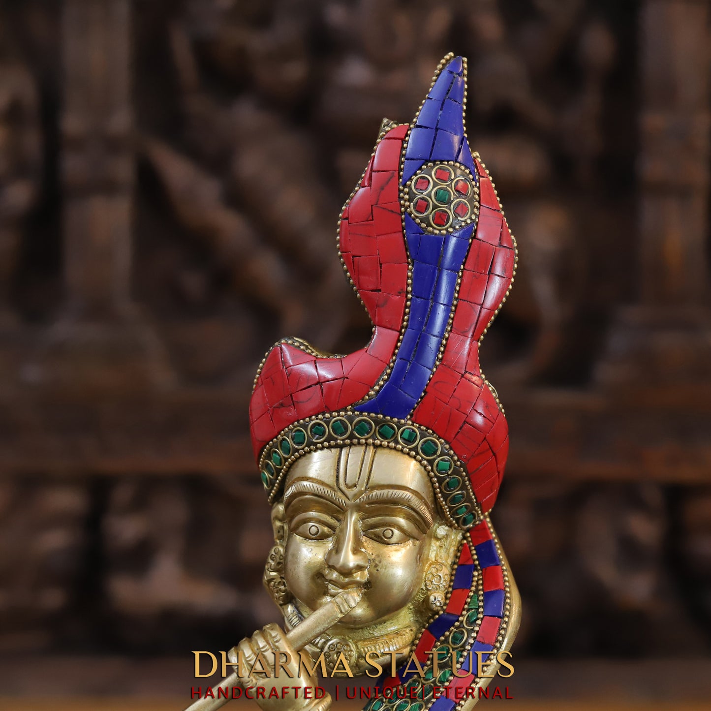 Brass Modern Krishna playing Flute, Golden & Stonework, 13.5"