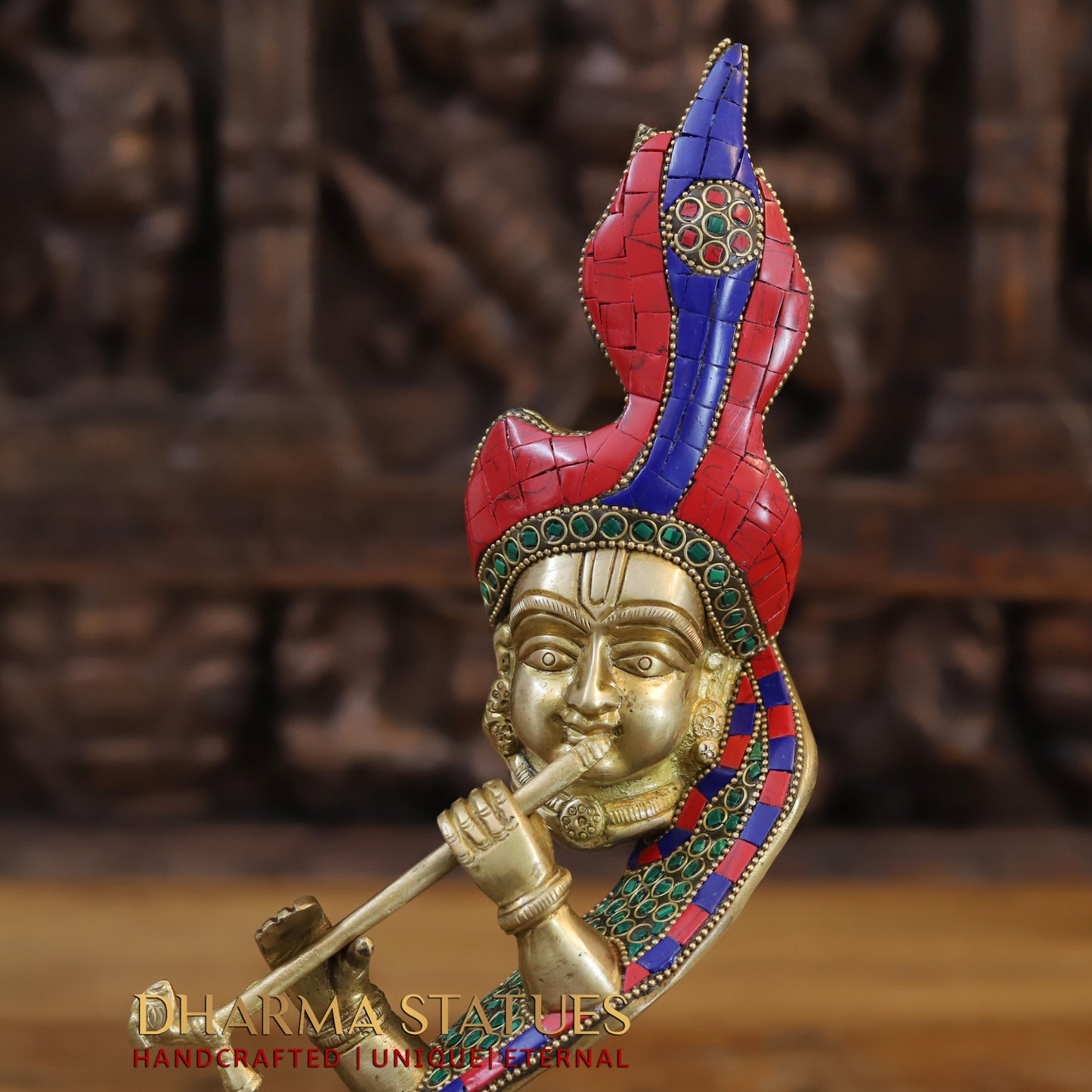 Brass Modern Krishna playing Flute, Golden & Stonework, 13.5"
