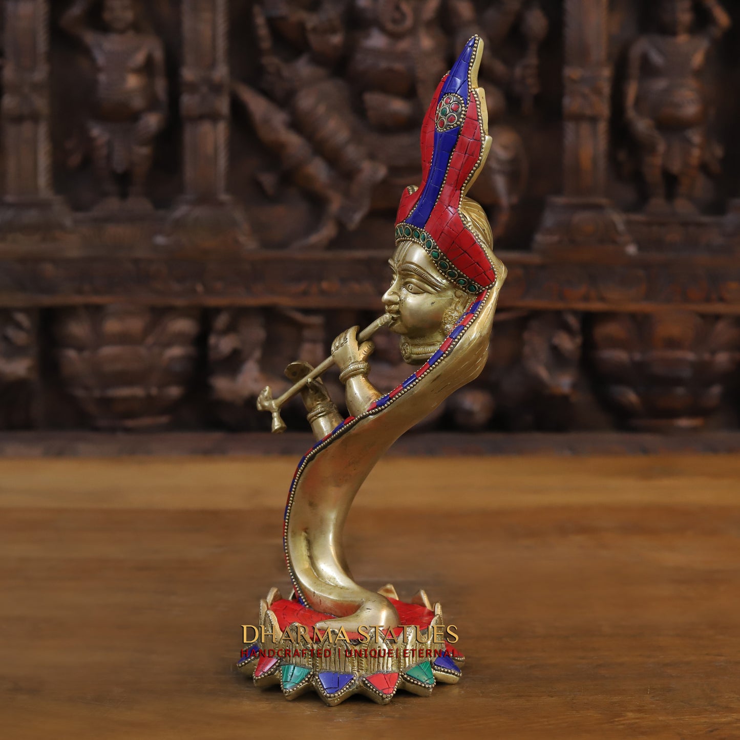 Brass Modern Krishna playing Flute, Golden & Stonework, 13.5"