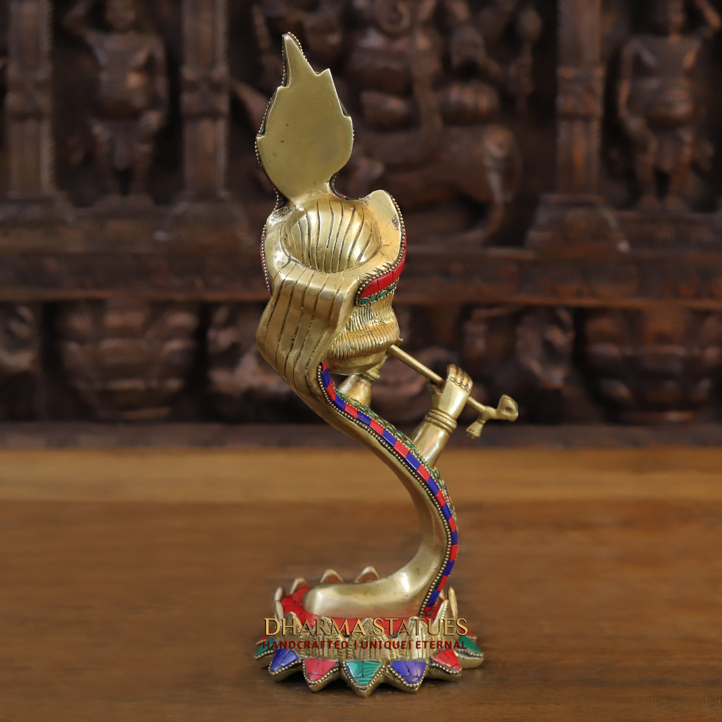 Brass Modern Krishna playing Flute, Golden & Stonework, 13.5"