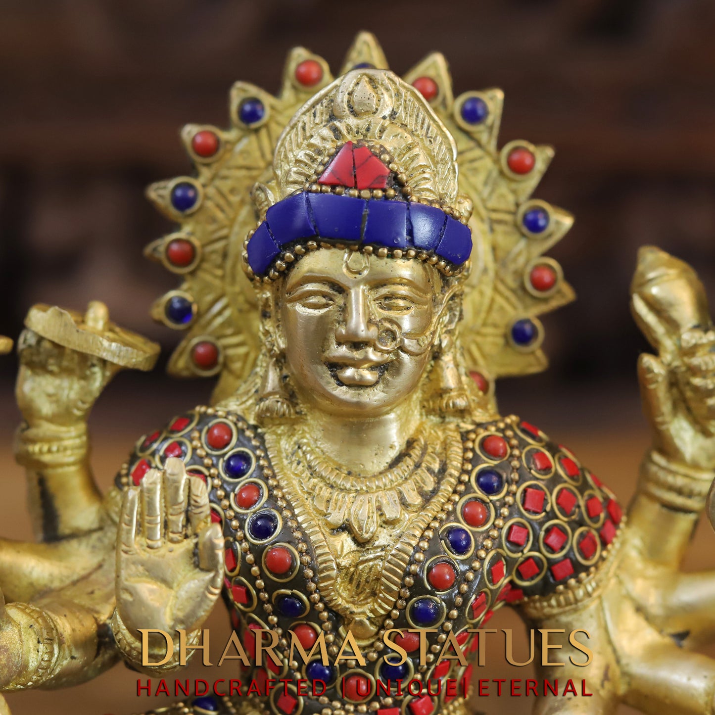 Brass Durga with 8 arms sitting on lion, Golden & Stonework, 8.5"