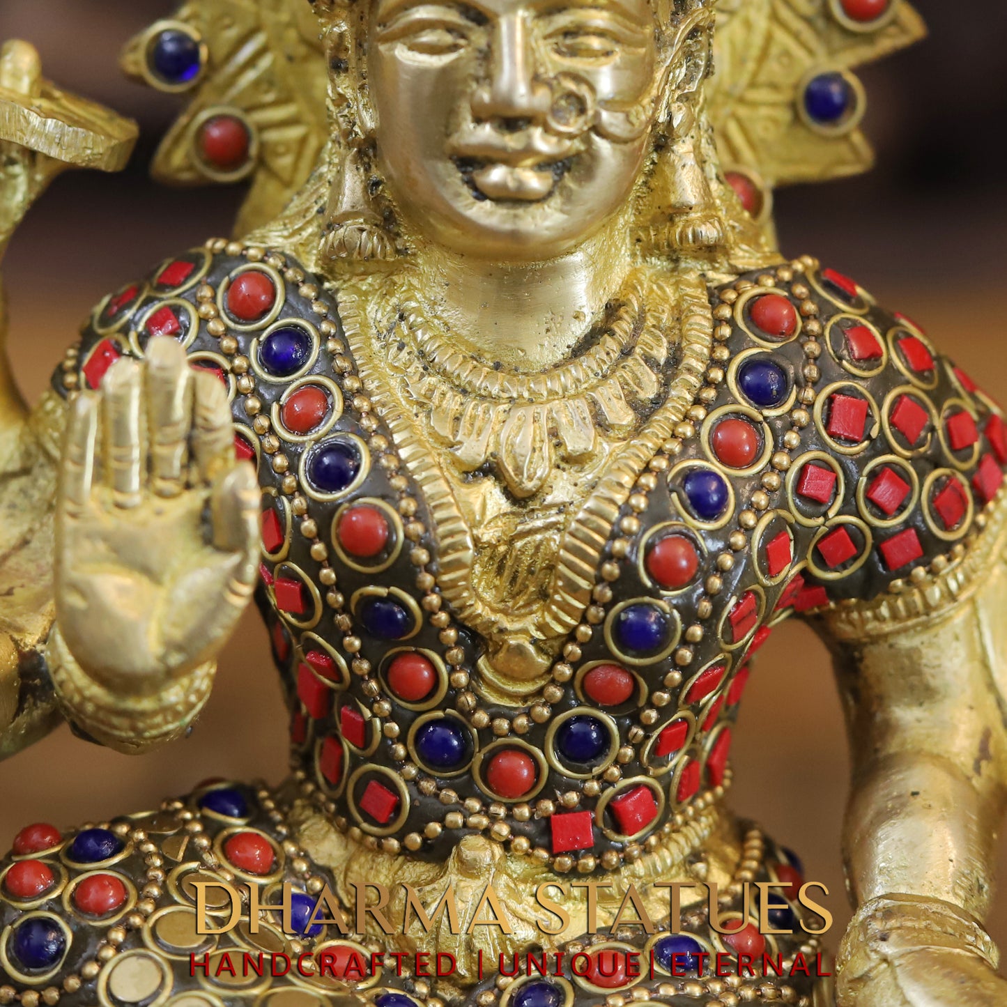 Brass Durga with 8 arms sitting on lion, Golden & Stonework, 8.5"