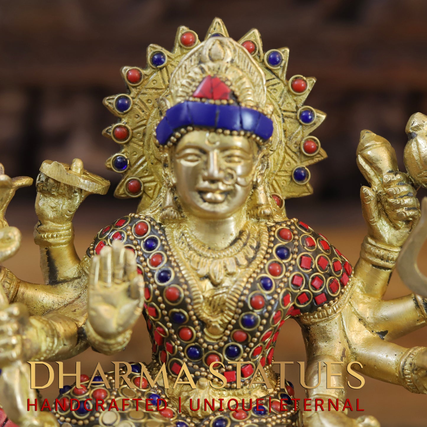 Brass Durga with 8 arms sitting on lion, Golden & Stonework, 8.5"