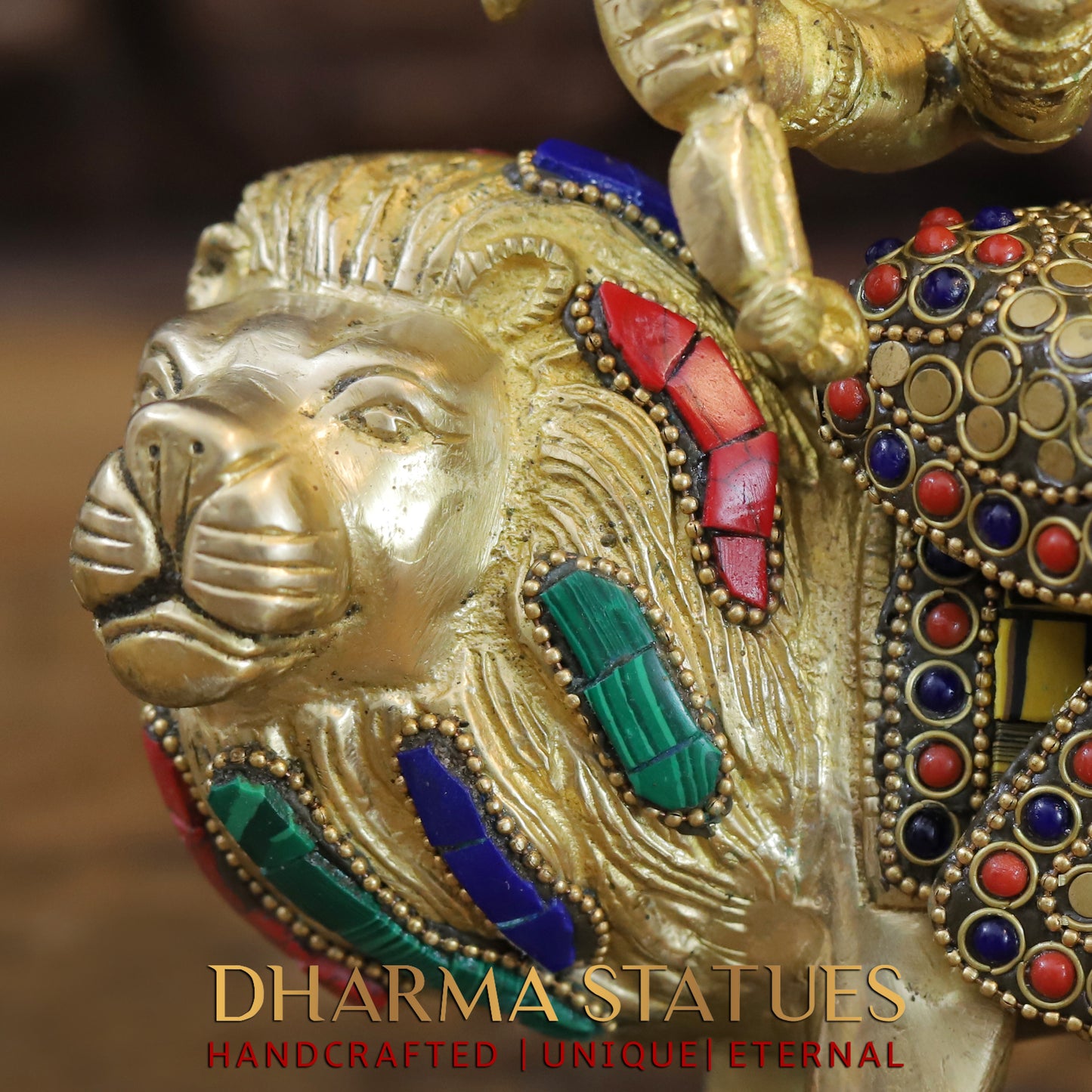 Brass Durga with 8 arms sitting on lion, Golden & Stonework, 8.5"