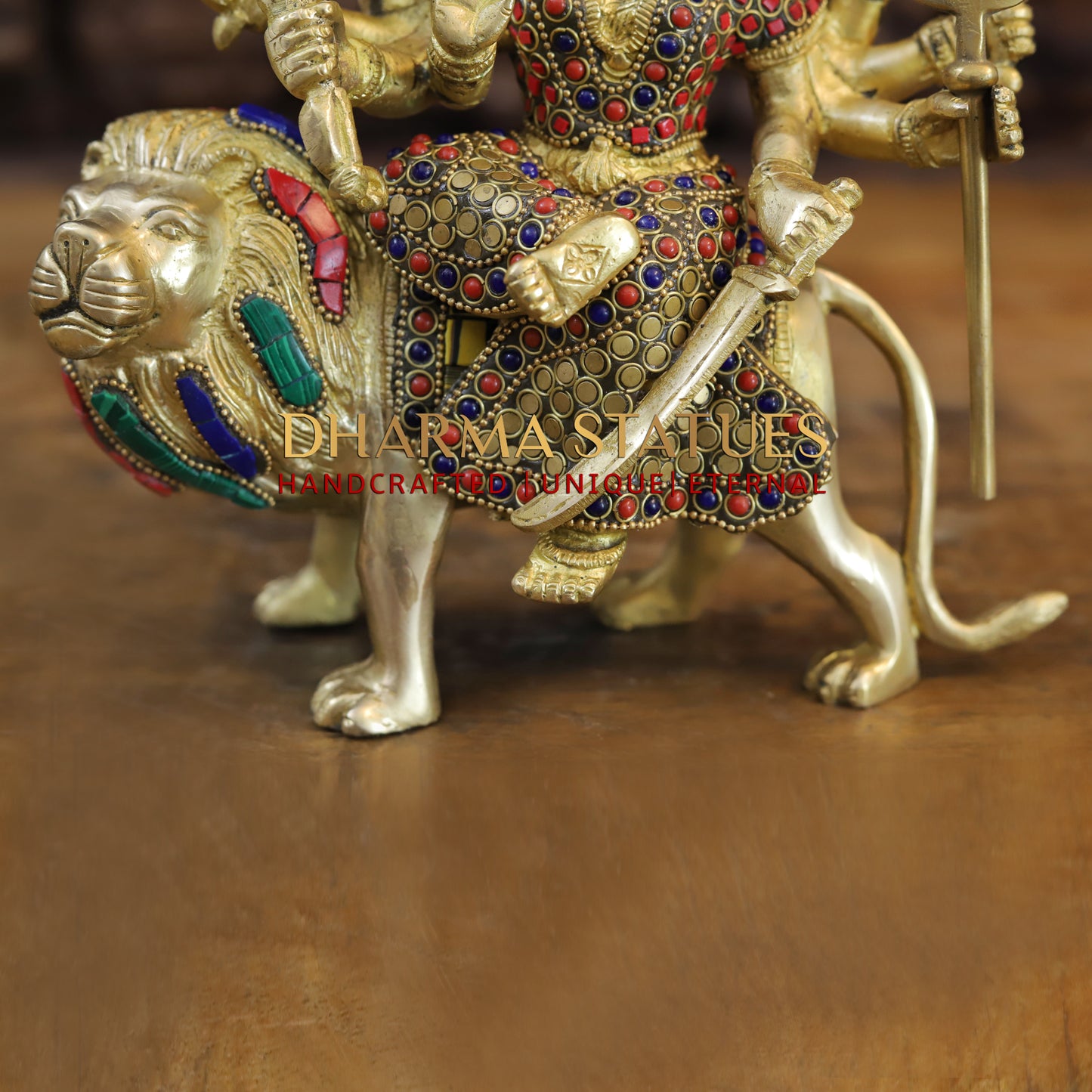 Brass Durga with 8 arms sitting on lion, Golden & Stonework, 8.5"