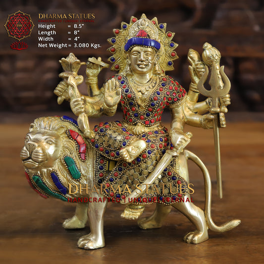 Brass Durga with 8 arms sitting on lion, Golden & Stonework, 8.5"