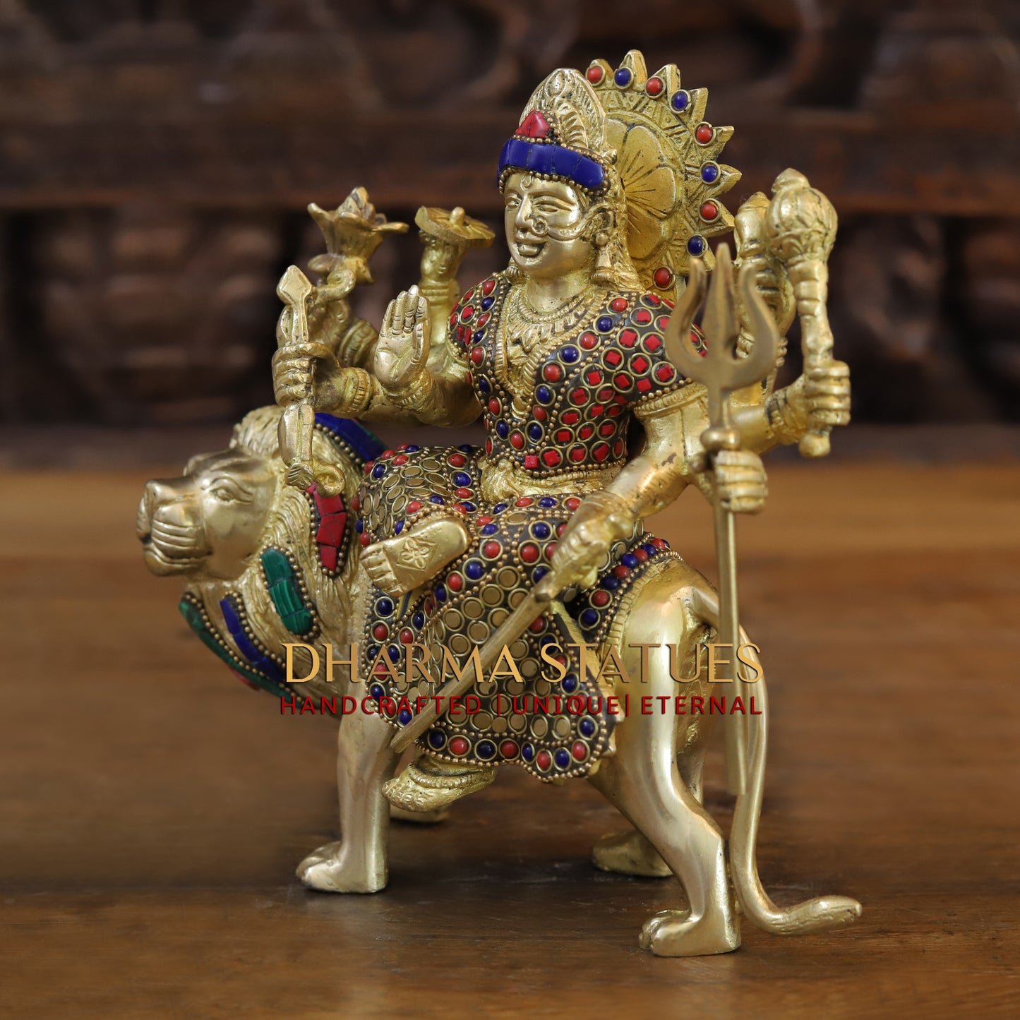 Brass Durga with 8 arms sitting on lion, Golden & Stonework, 8.5"