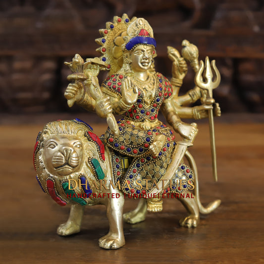 Brass Durga with 8 arms sitting on lion, Golden & Stonework, 8.5"