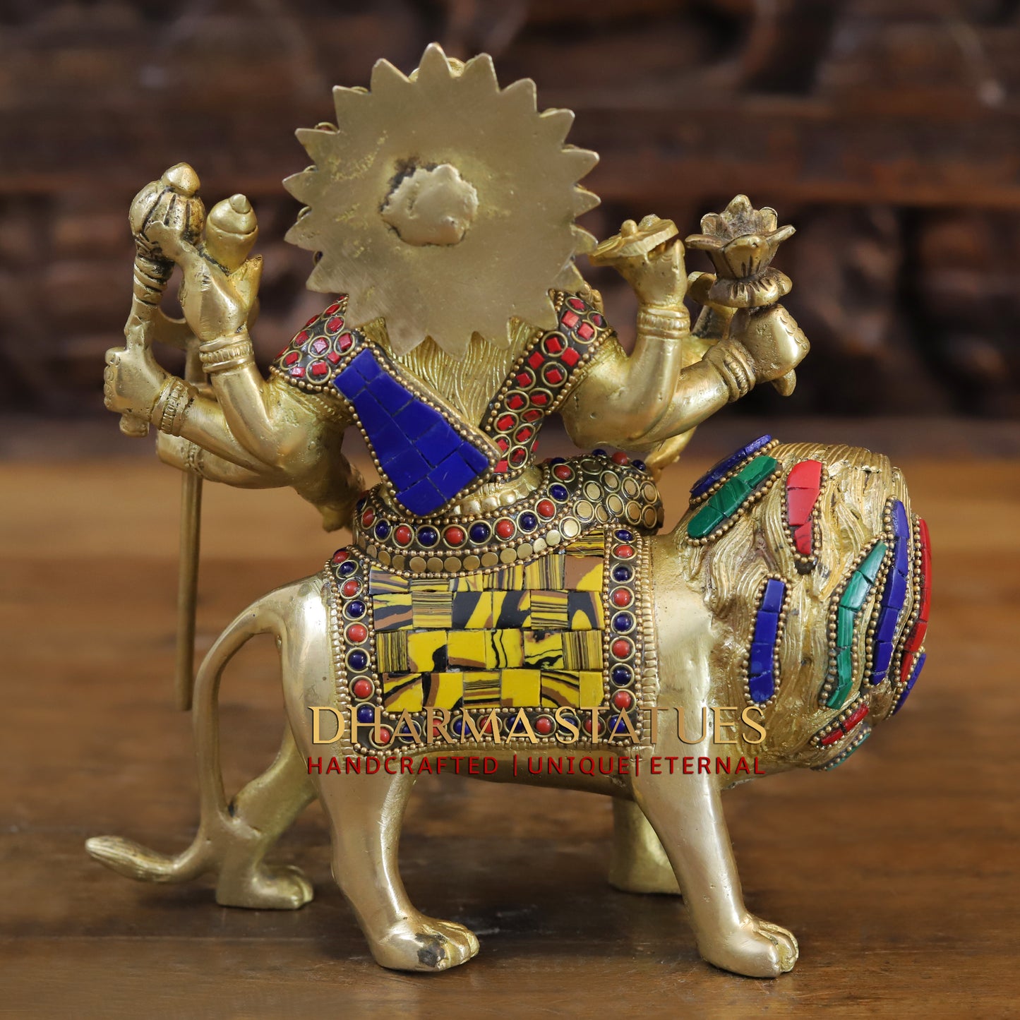 Brass Durga with 8 arms sitting on lion, Golden & Stonework, 8.5"