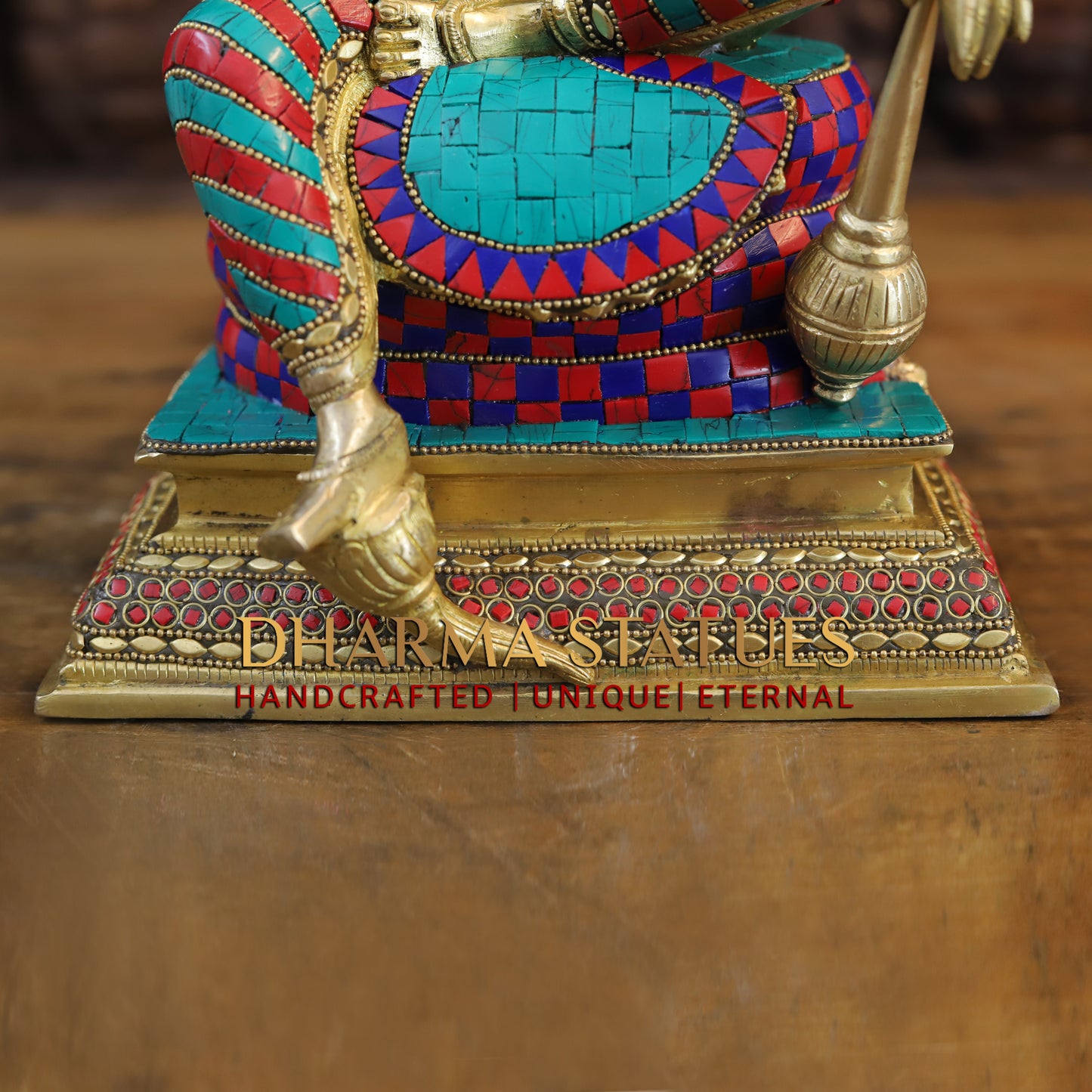 Brass Vishnu seated on Sheshnag, Fine Golden & Stonework, 17"