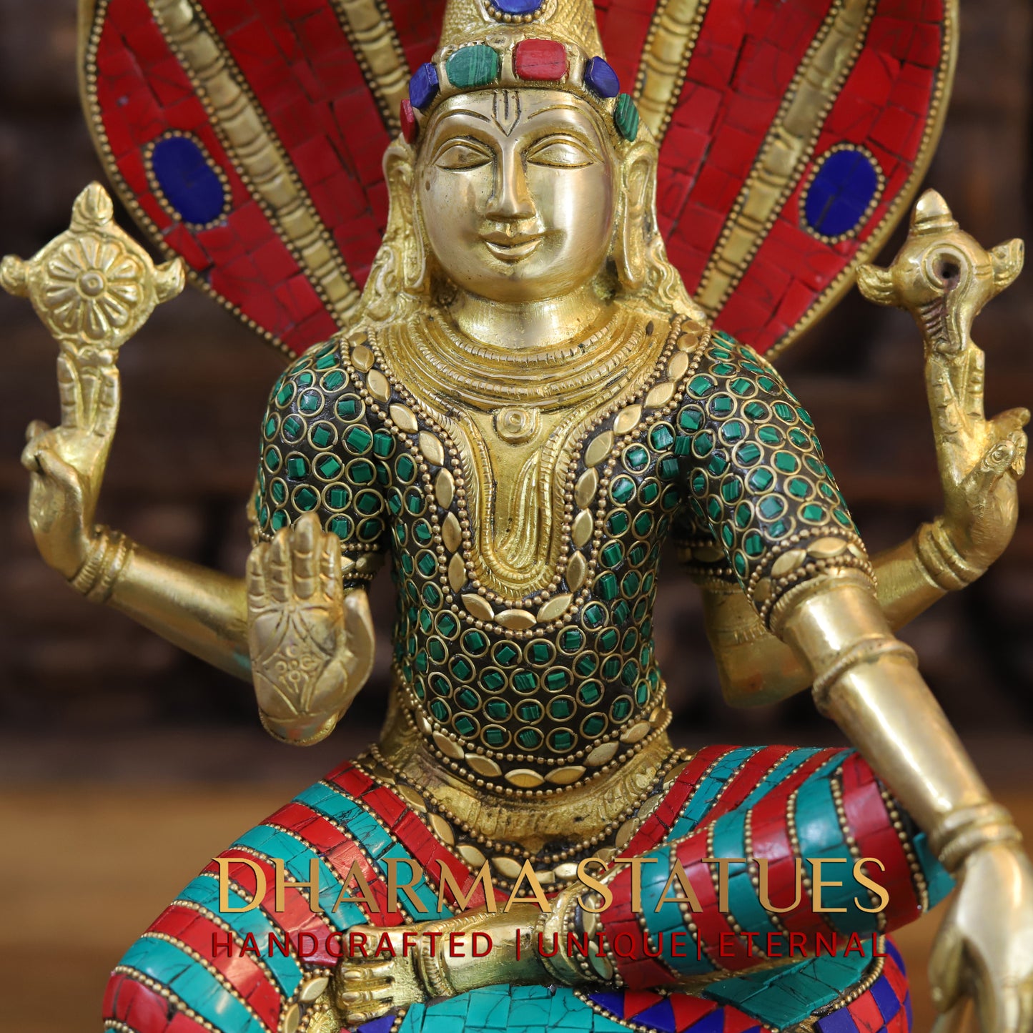 Brass Vishnu seated on Sheshnag, Fine Golden & Stonework, 17"