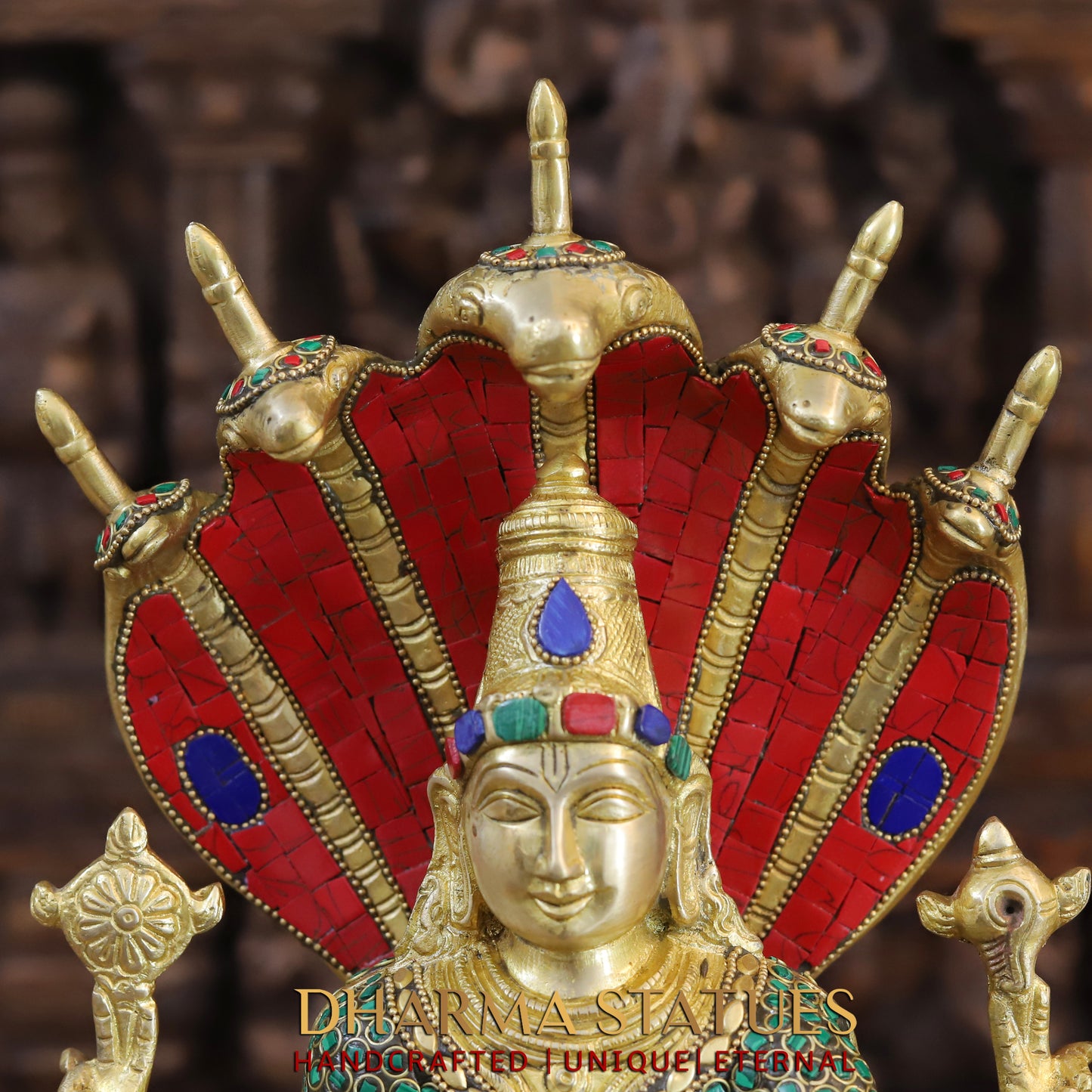 Brass Vishnu seated on Sheshnag, Fine Golden & Stonework, 17"
