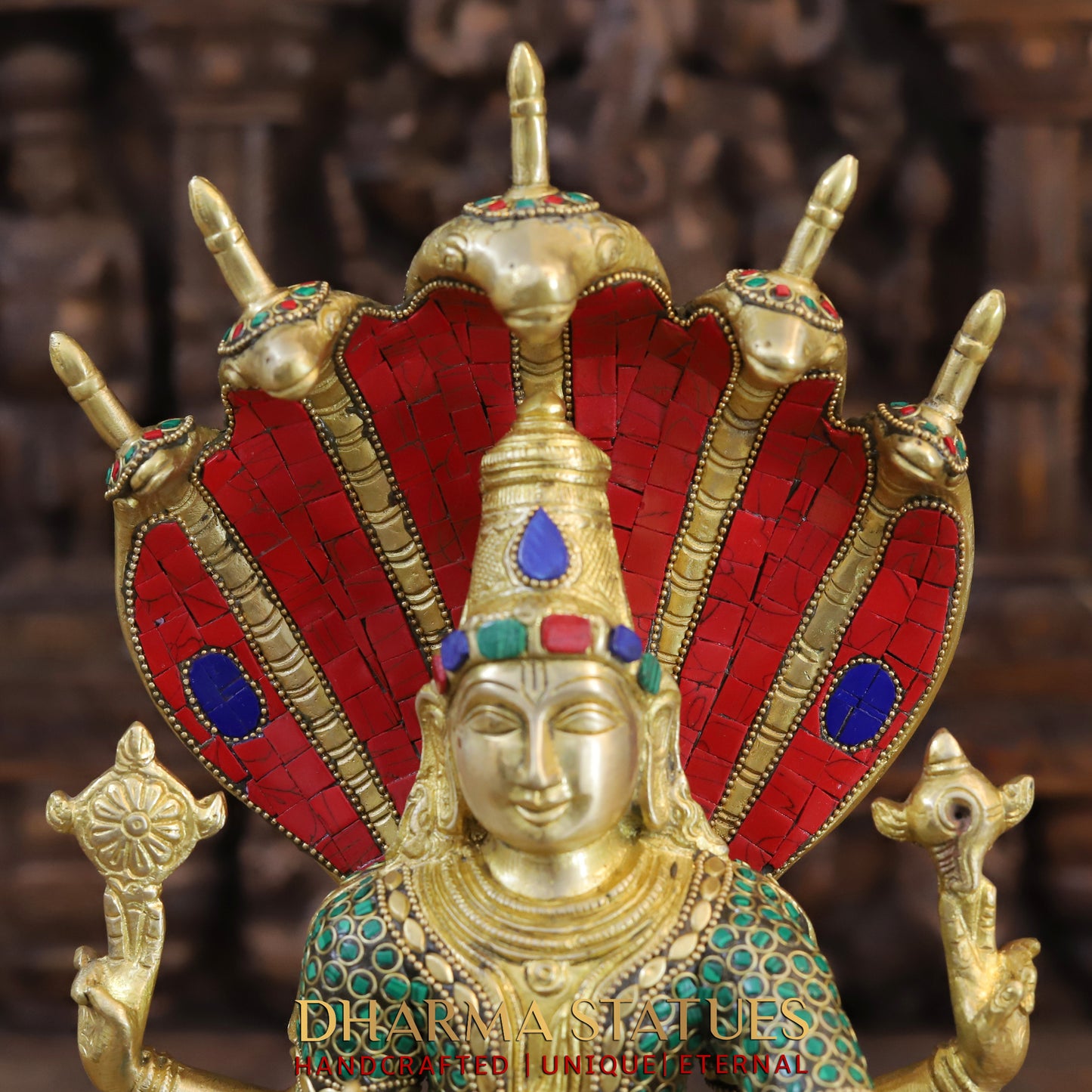 Brass Vishnu seated on Sheshnag, Fine Golden & Stonework, 17"