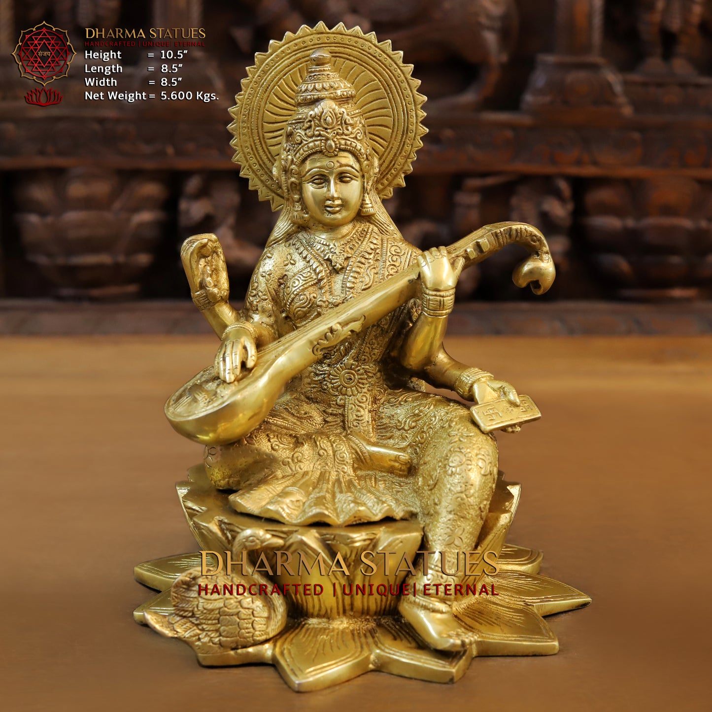 Brass Saraswati, Fine Golden Finish, 10.5