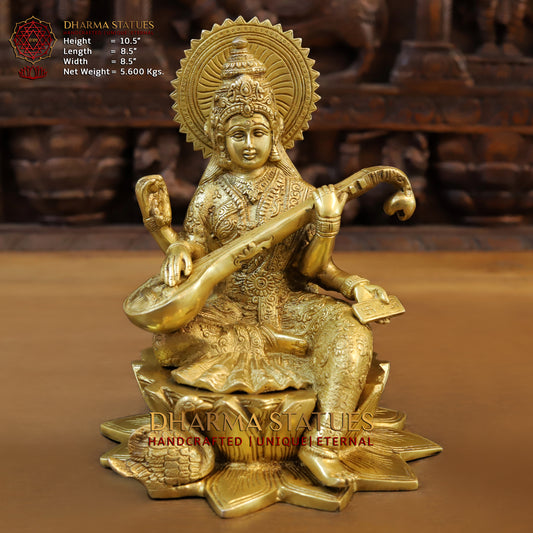Brass Saraswati, Fine Golden Finish, 10.5