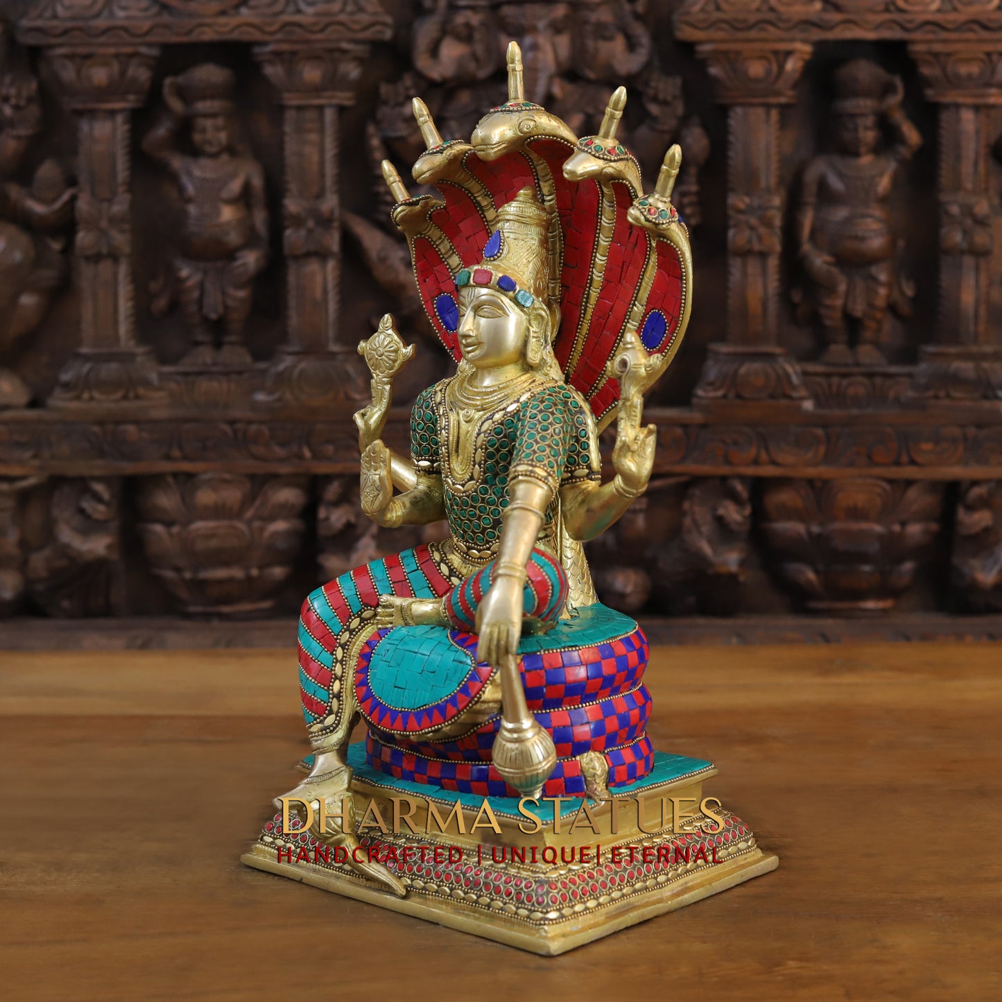 Brass Vishnu seated on Sheshnag, Fine Golden & Stonework, 17"