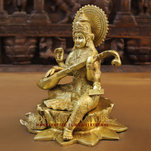 Brass Saraswati, Fine Golden Finish, 10.5