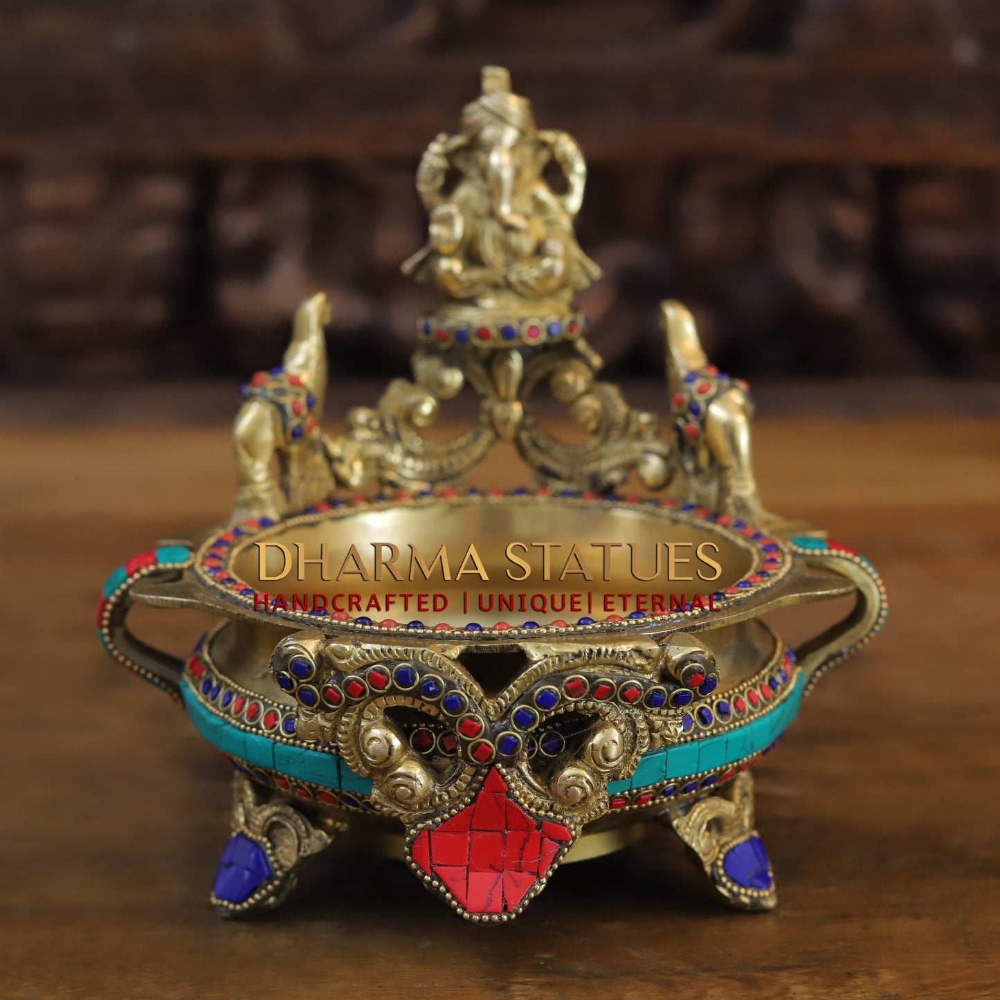 Brass Ganesh Diya Urli, Golden & Stonework, 8"