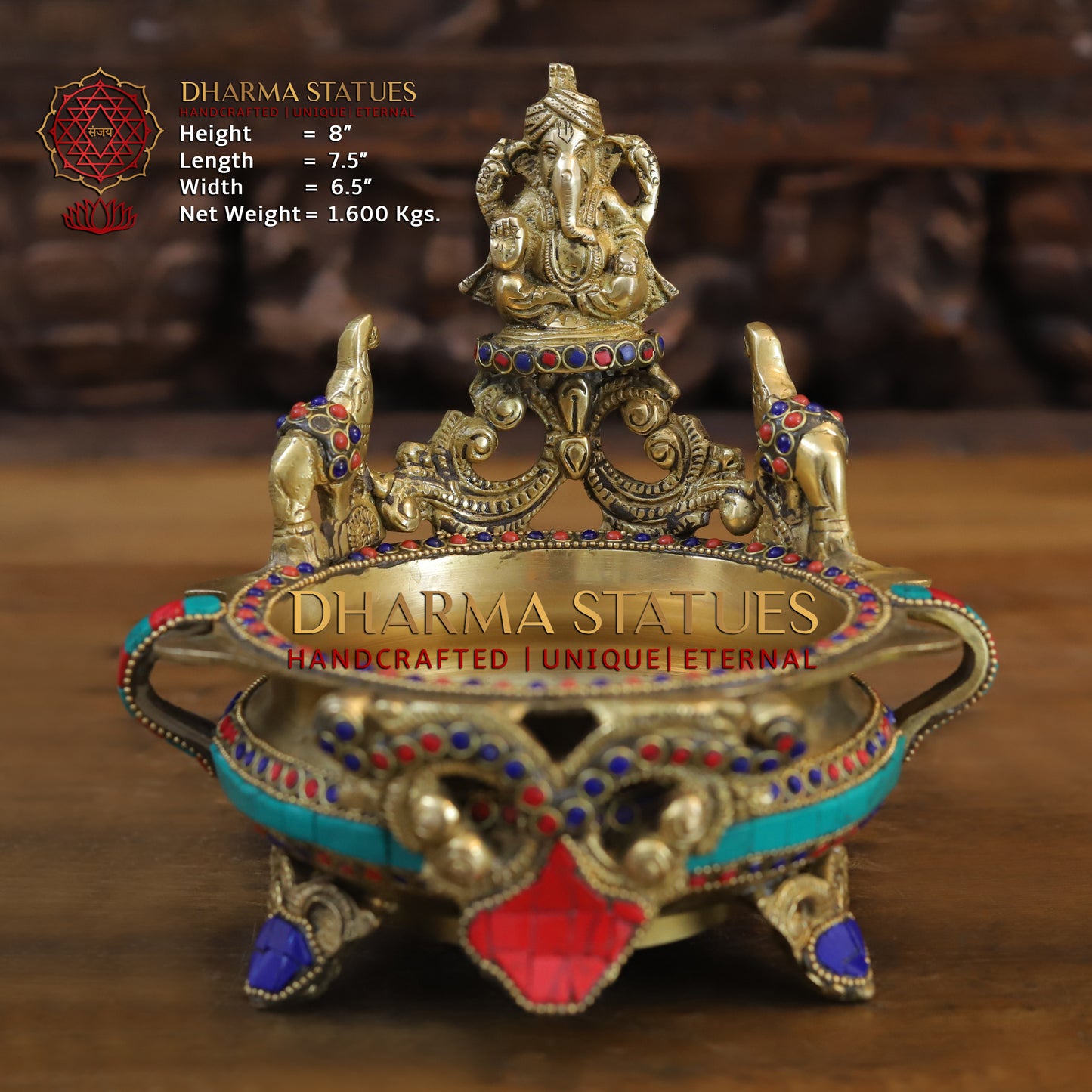 Brass Ganesh Diya Urli, Golden & Stonework, 8"
