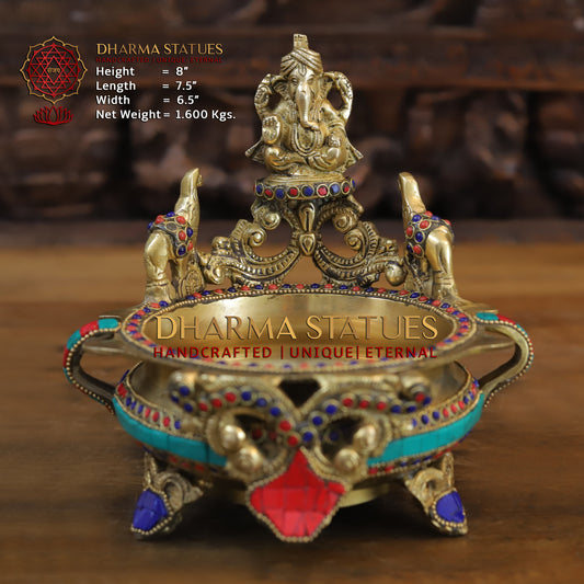 Brass Ganesh Diya Urli, Golden & Stonework, 8"