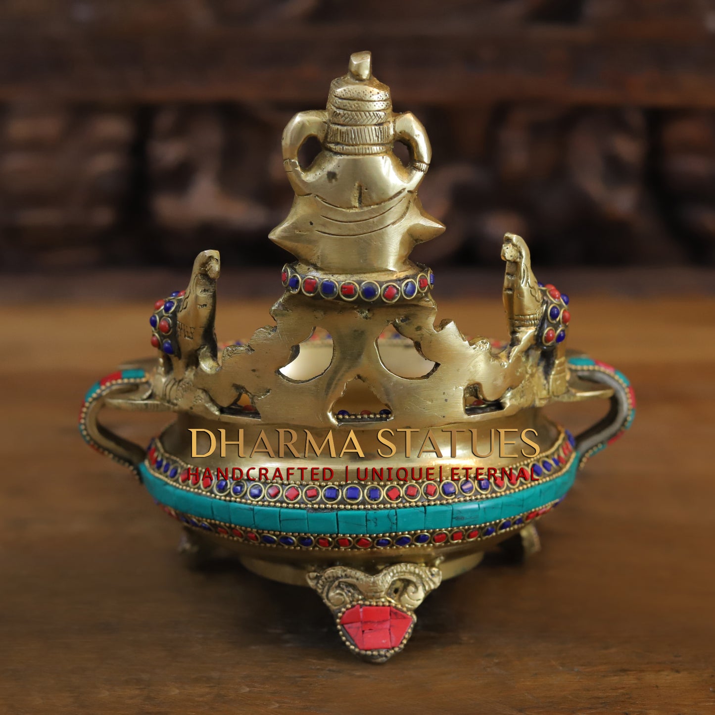 Brass Ganesh Diya Urli, Golden & Stonework, 8"
