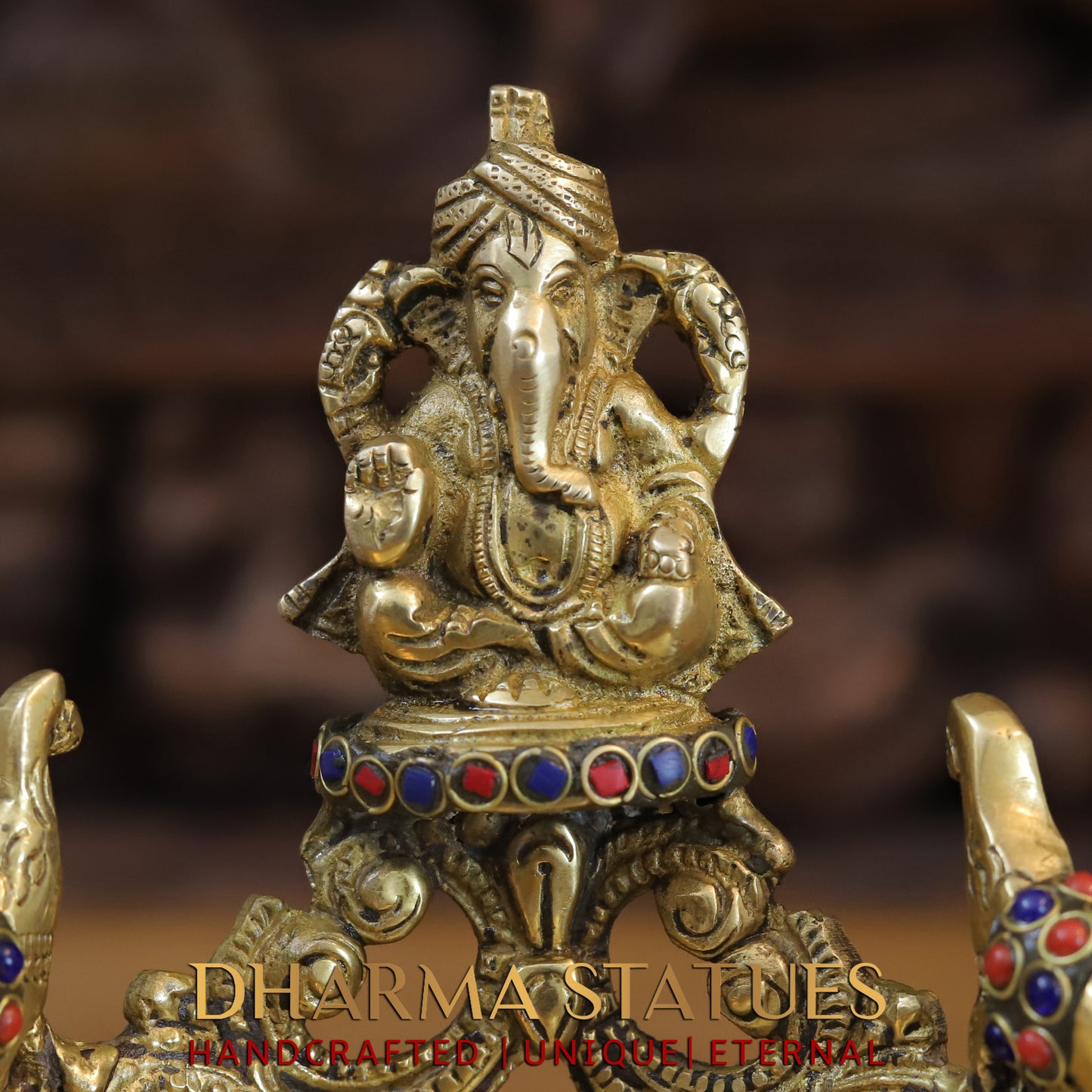 Brass Ganesh Diya Urli, Golden & Stonework, 8"