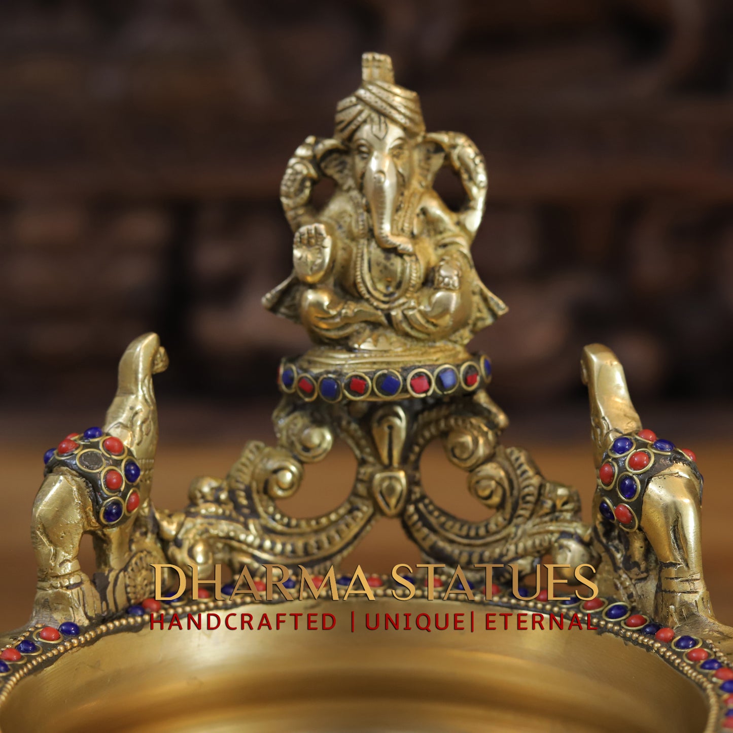 Brass Ganesh Diya Urli, Golden & Stonework, 8"
