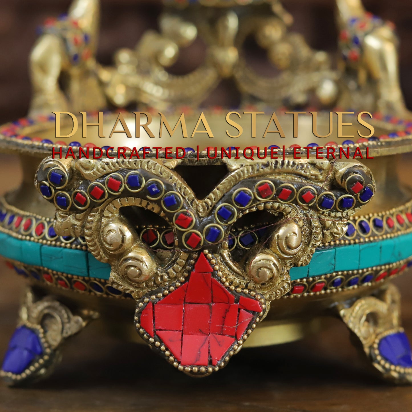 Brass Ganesh Diya Urli, Golden & Stonework, 8"