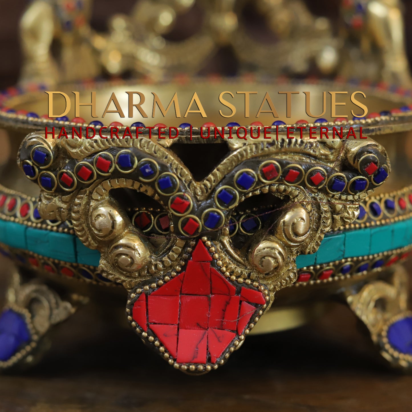 Brass Ganesh Diya Urli, Golden & Stonework, 8"