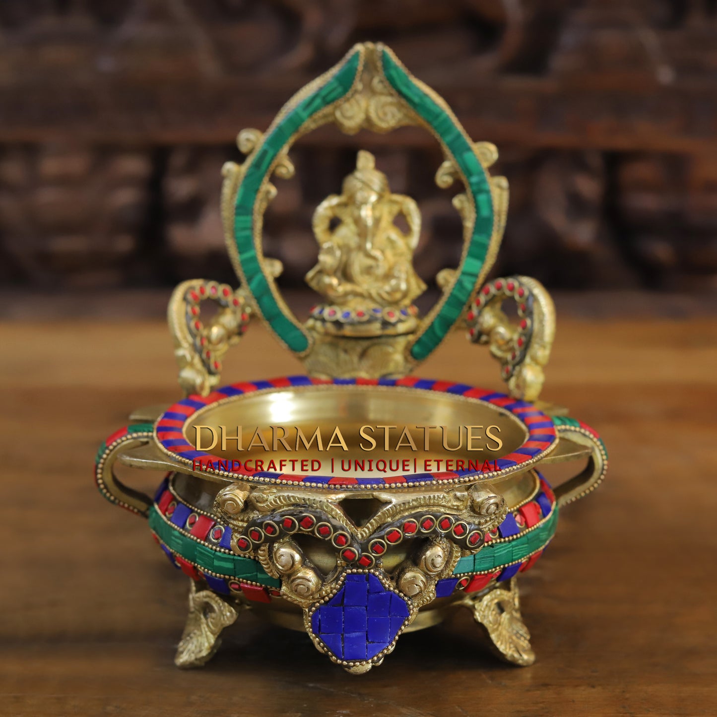 Brass Ganesh with Frame Diya Urli, Golden & Stonework, 8.5"