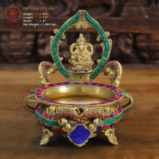 Brass Ganesh with Frame Diya Urli, Golden & Stonework, 8.5"