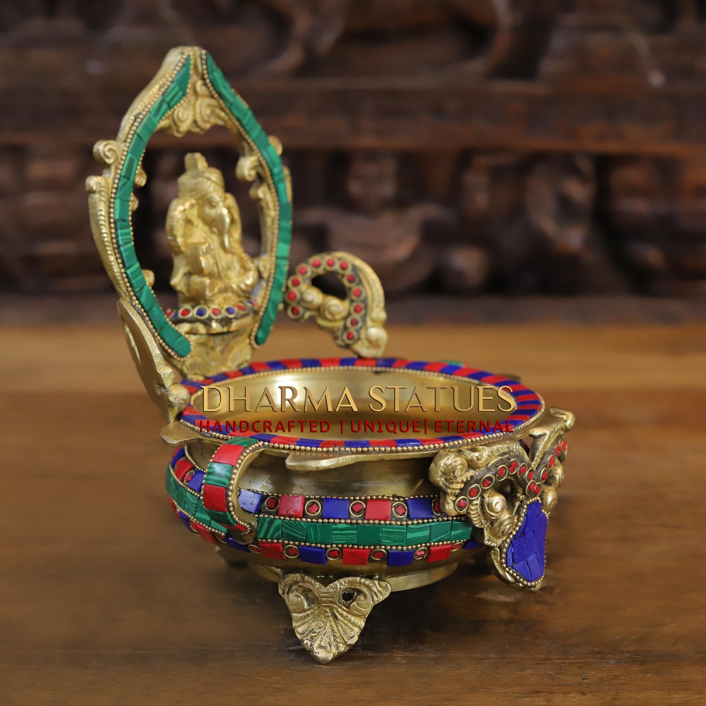 Brass Ganesh with Frame Diya Urli, Golden & Stonework, 8.5"