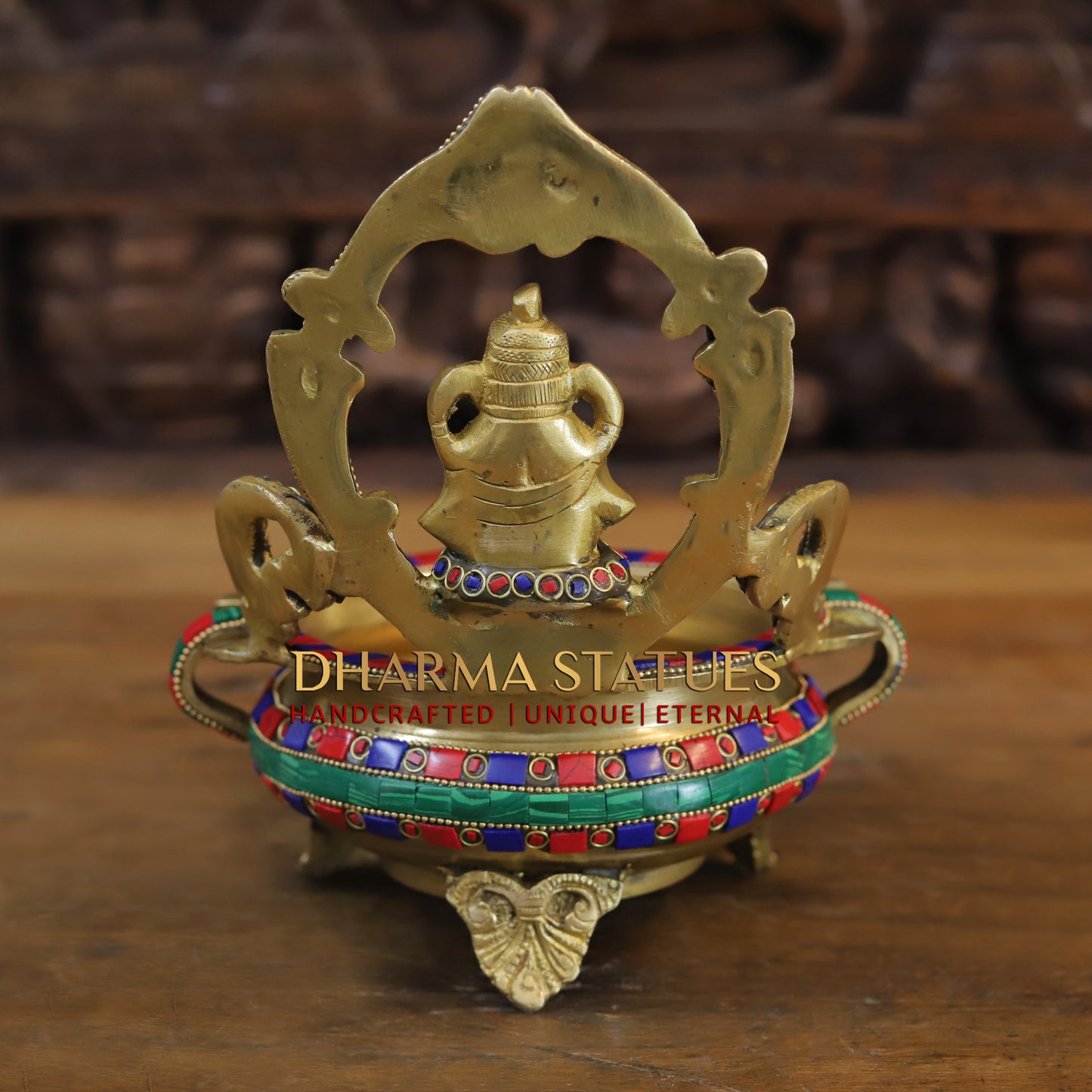 Brass Ganesh with Frame Diya Urli, Golden & Stonework, 8.5"