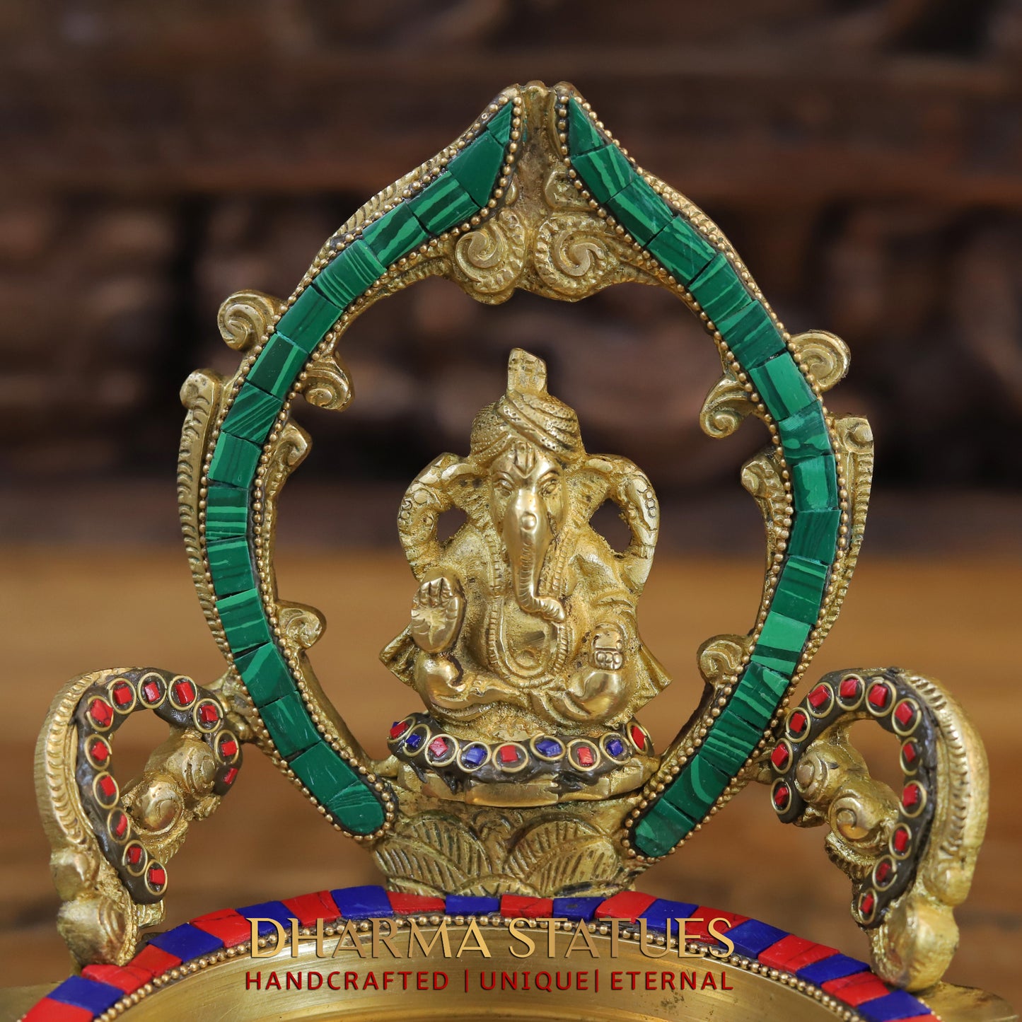 Brass Ganesh with Frame Diya Urli, Golden & Stonework, 8.5"